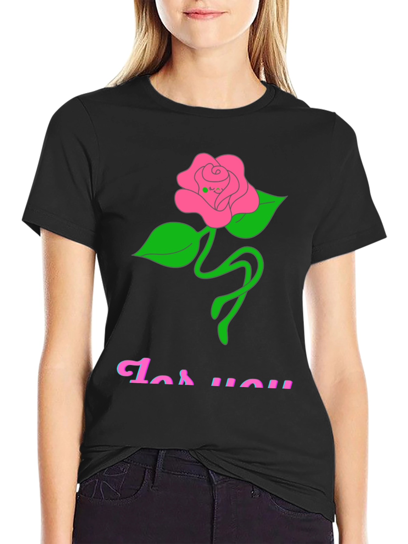 Black T-Shirt with Rose For You Graphic