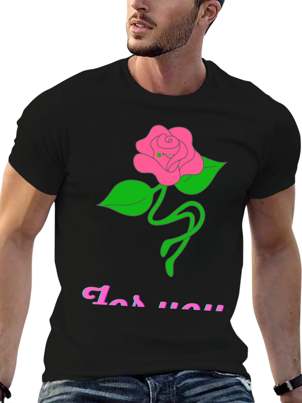 Black T-Shirt with Rose For You Graphic