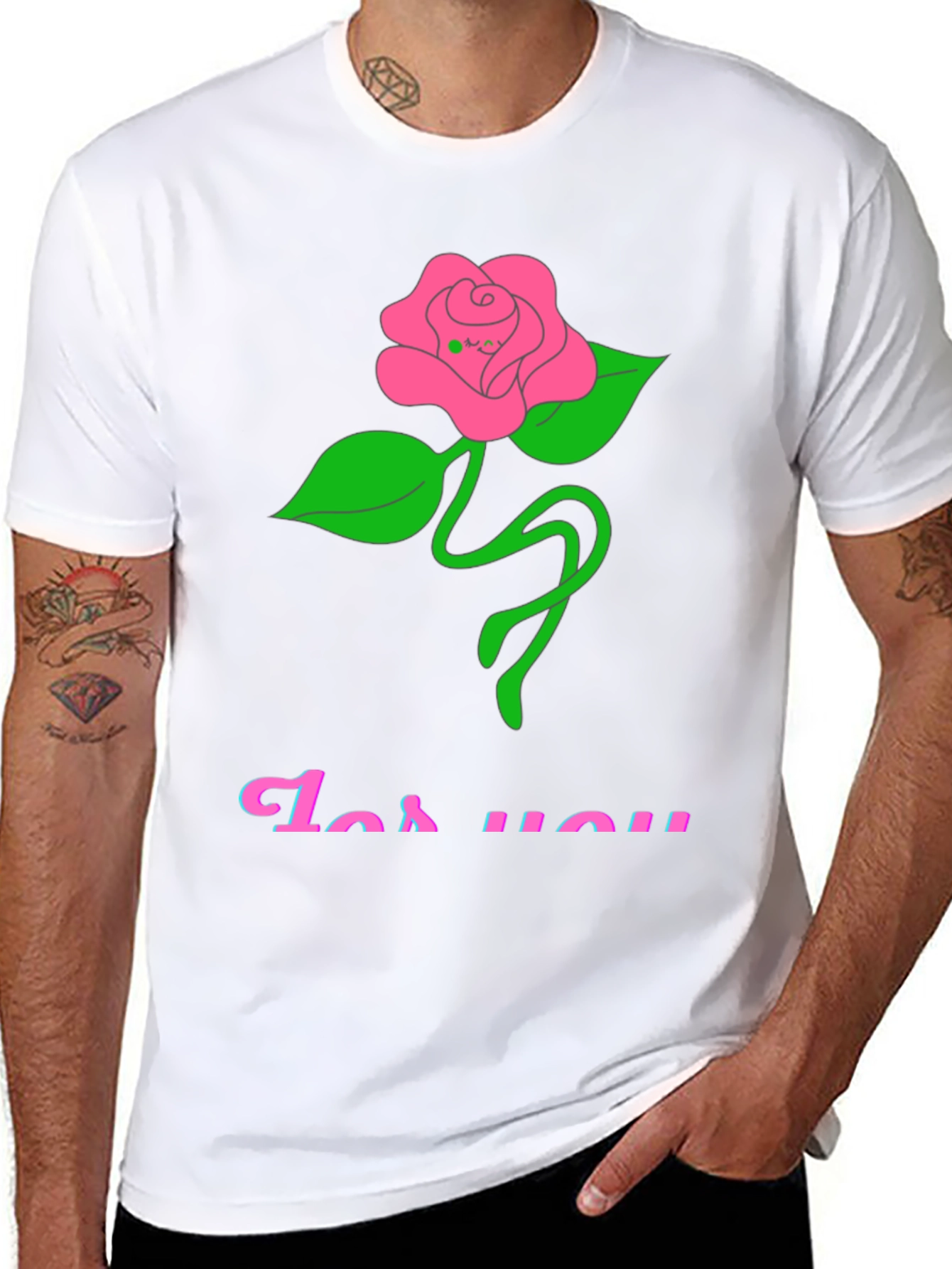 Black T-Shirt with Rose For You Graphic