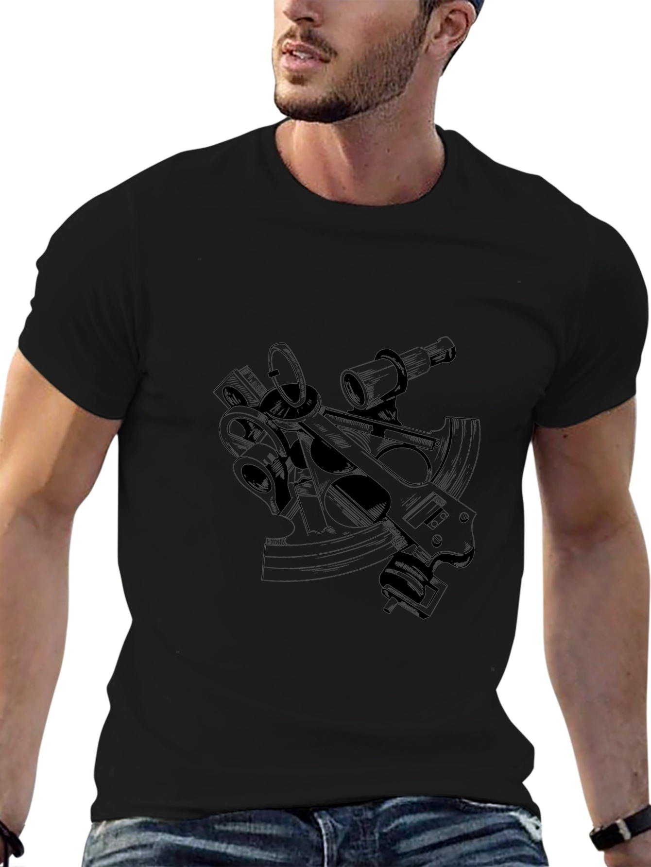 Nautical Sextant Graphic Tee - Sleek Black T-Shirt
