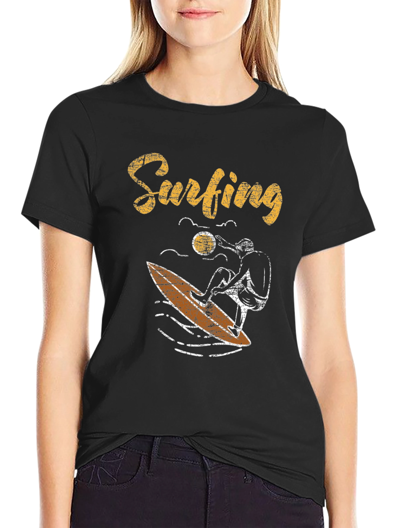 Surfing Graphic Tee - Black Cotton T-Shirt