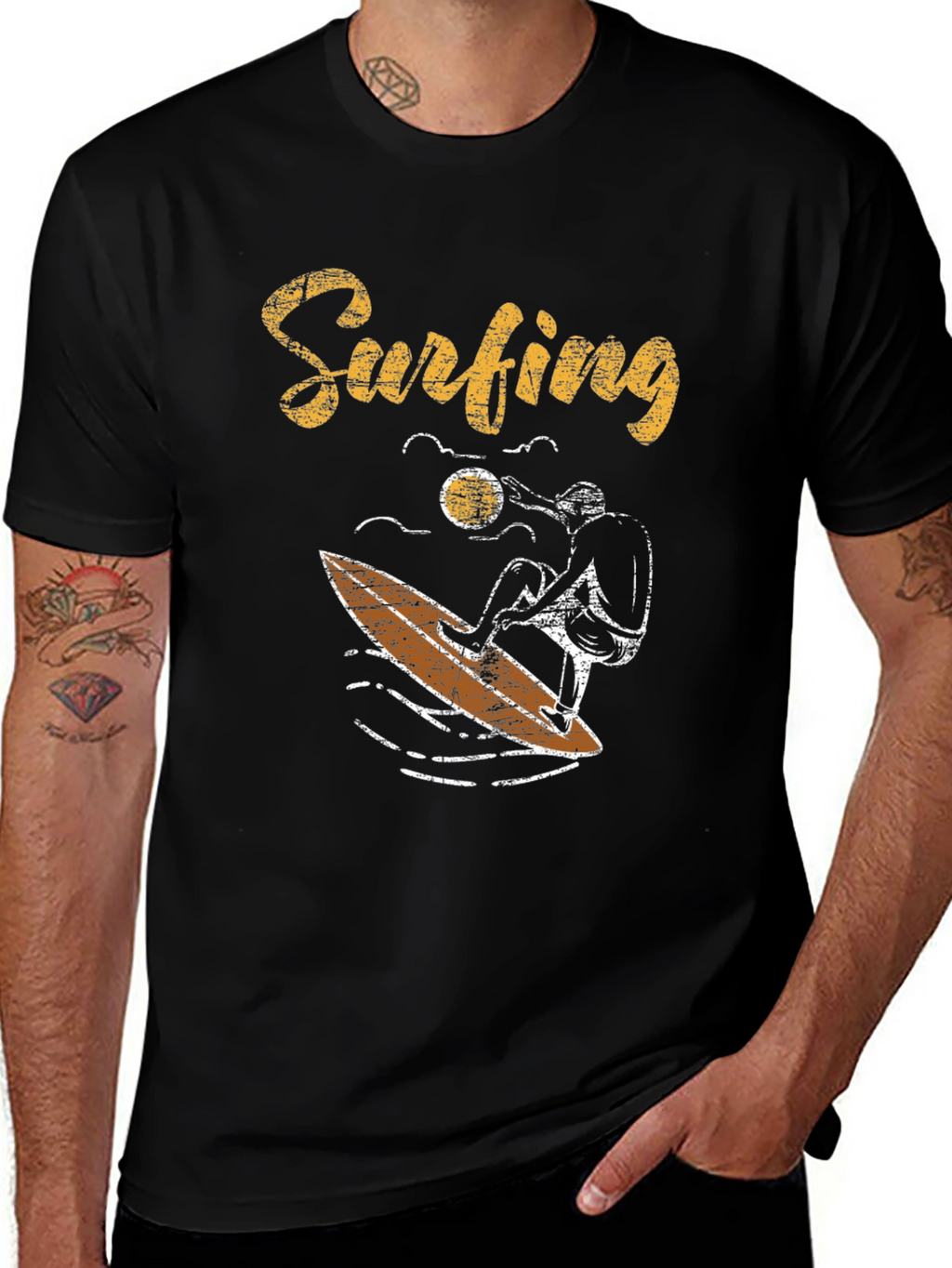 Surfing Graphic Tee - Black Cotton T-Shirt