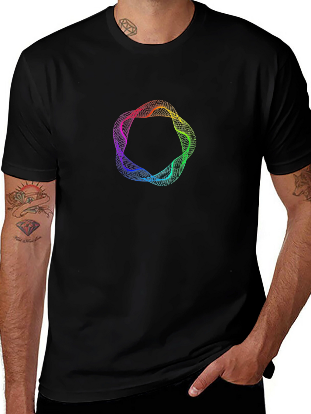 Abstract Rainbow Circle Graphic Black T-Shirt