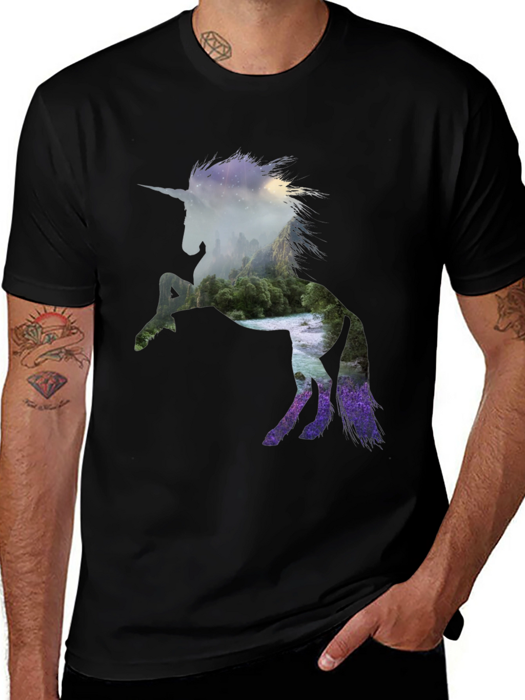 Unicorn Landscape Graphic Black T-Shirt