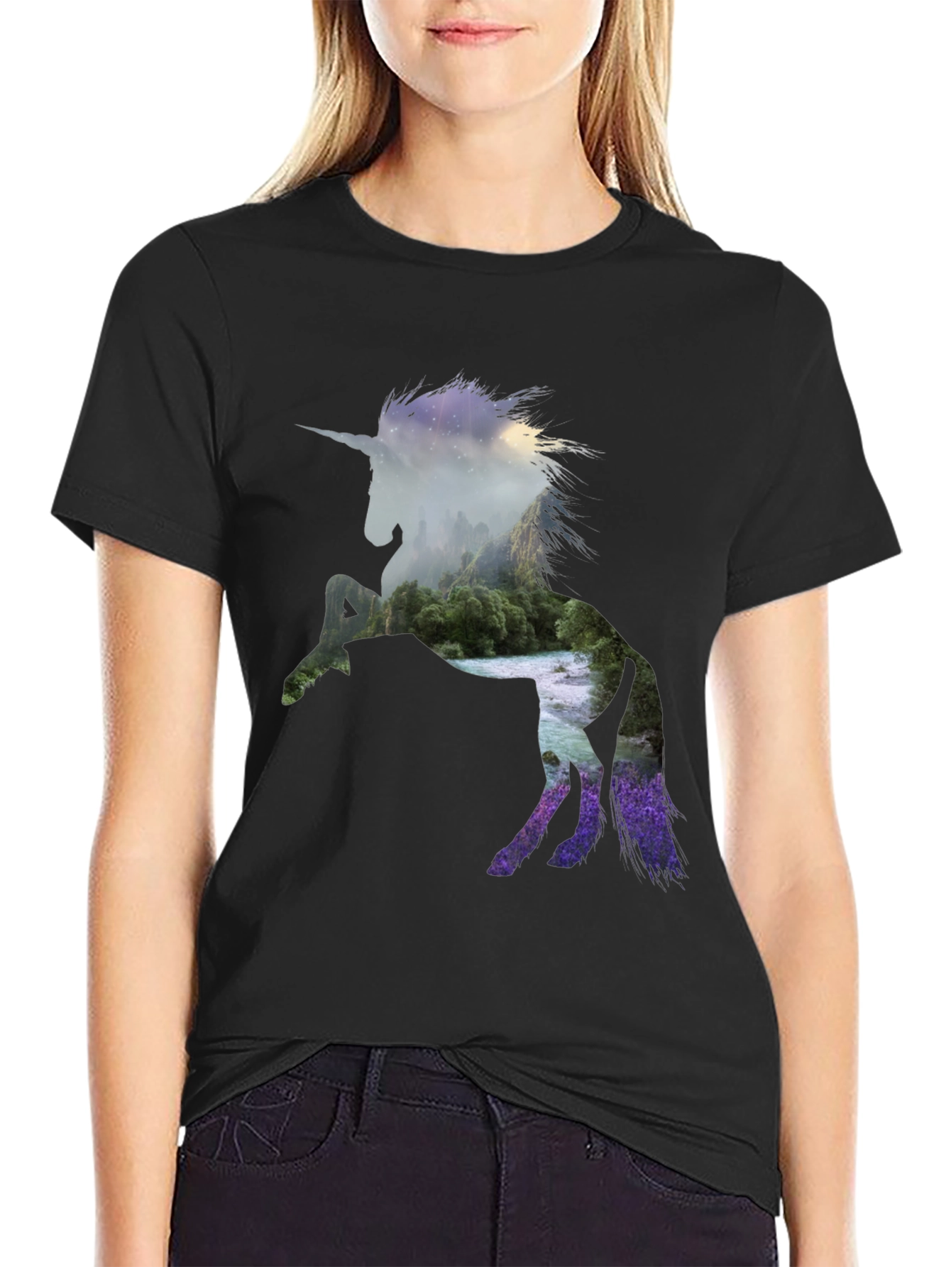 Unicorn Landscape Graphic Black T-Shirt