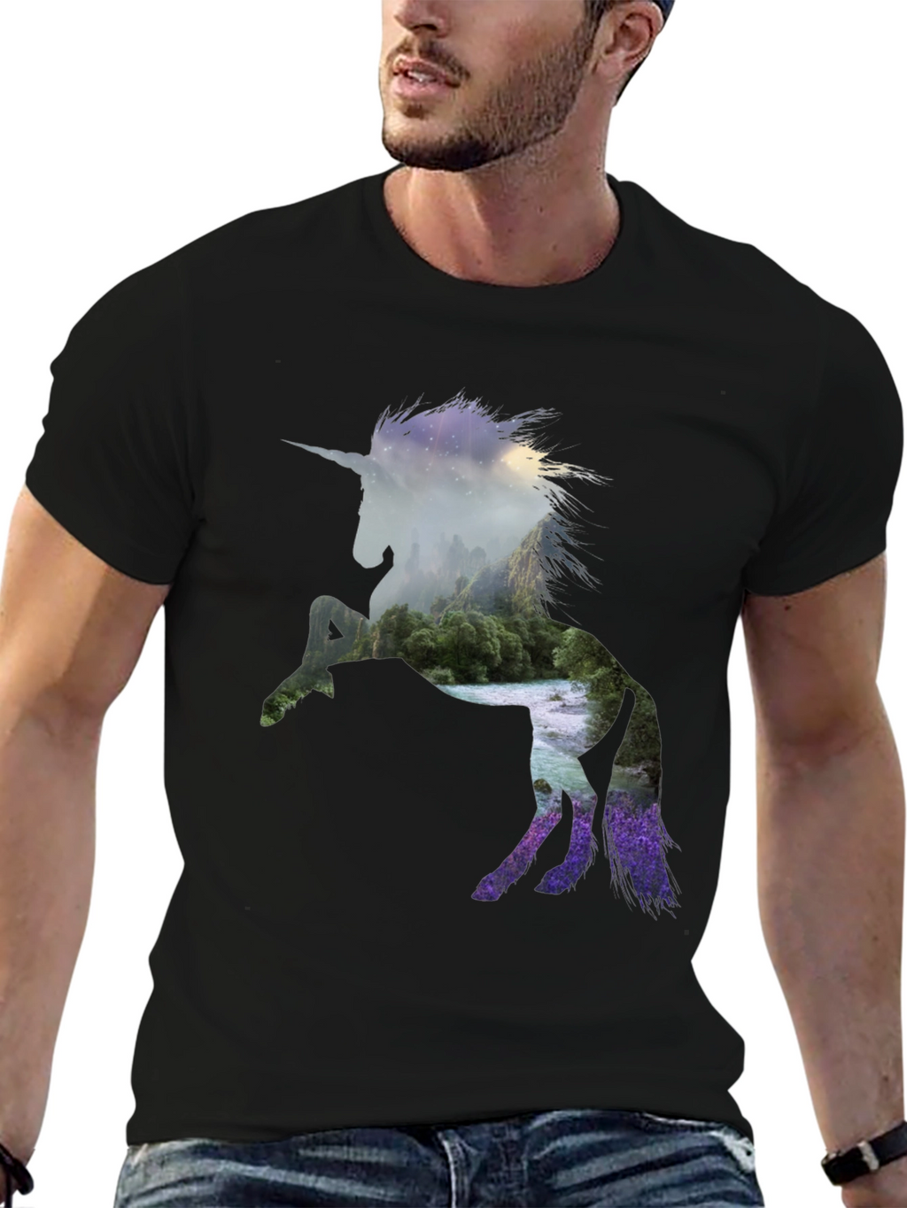 Unicorn Landscape Graphic Black T-Shirt