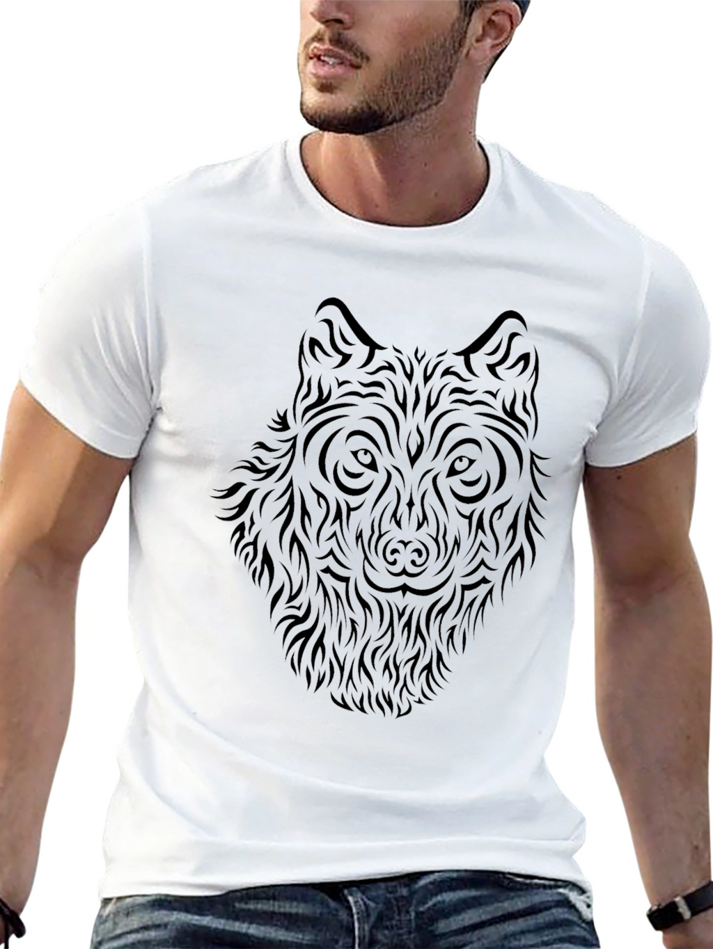 Tribal Wolf Print Black T-Shirt
