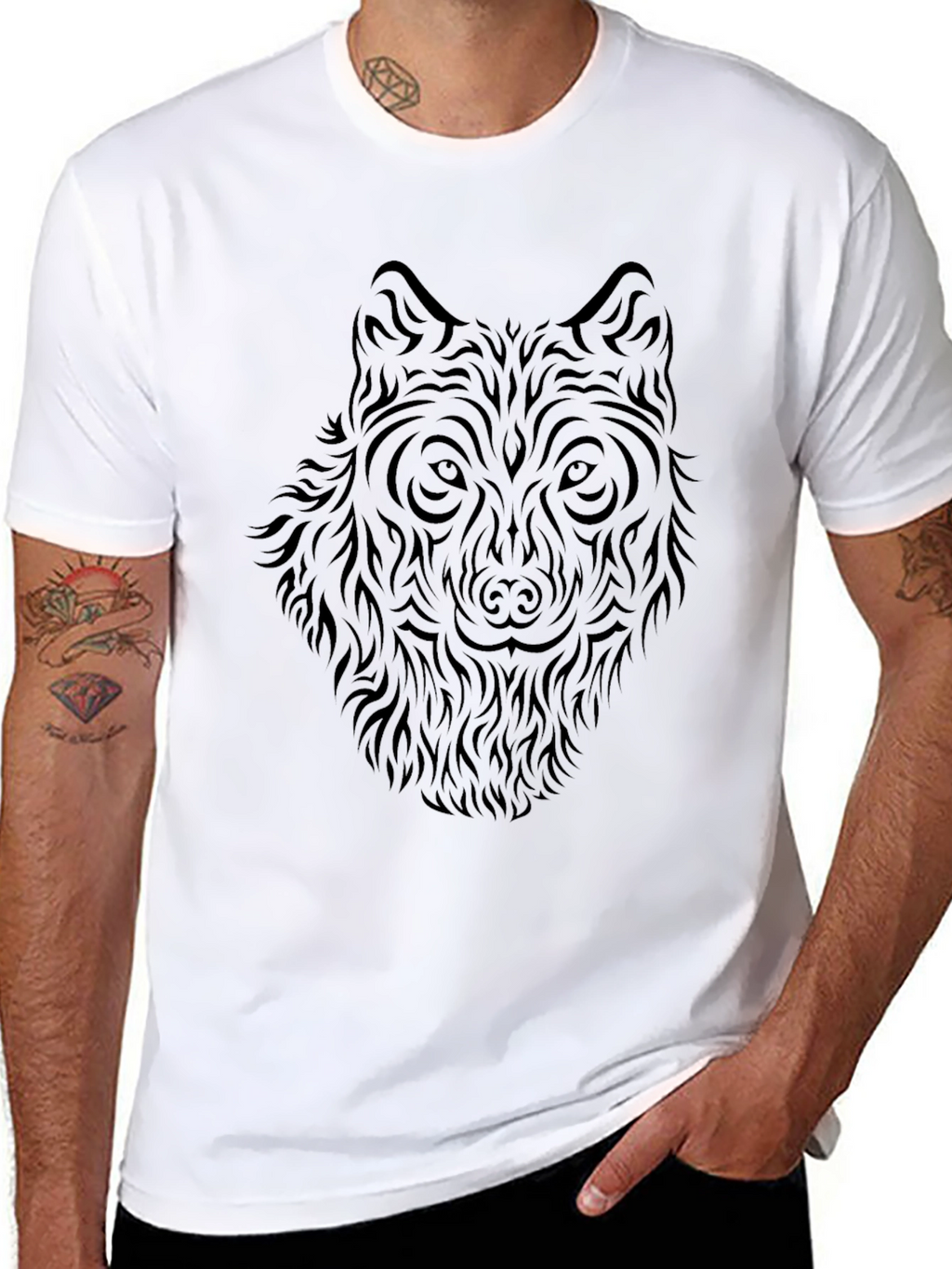 Tribal Wolf Print Black T-Shirt