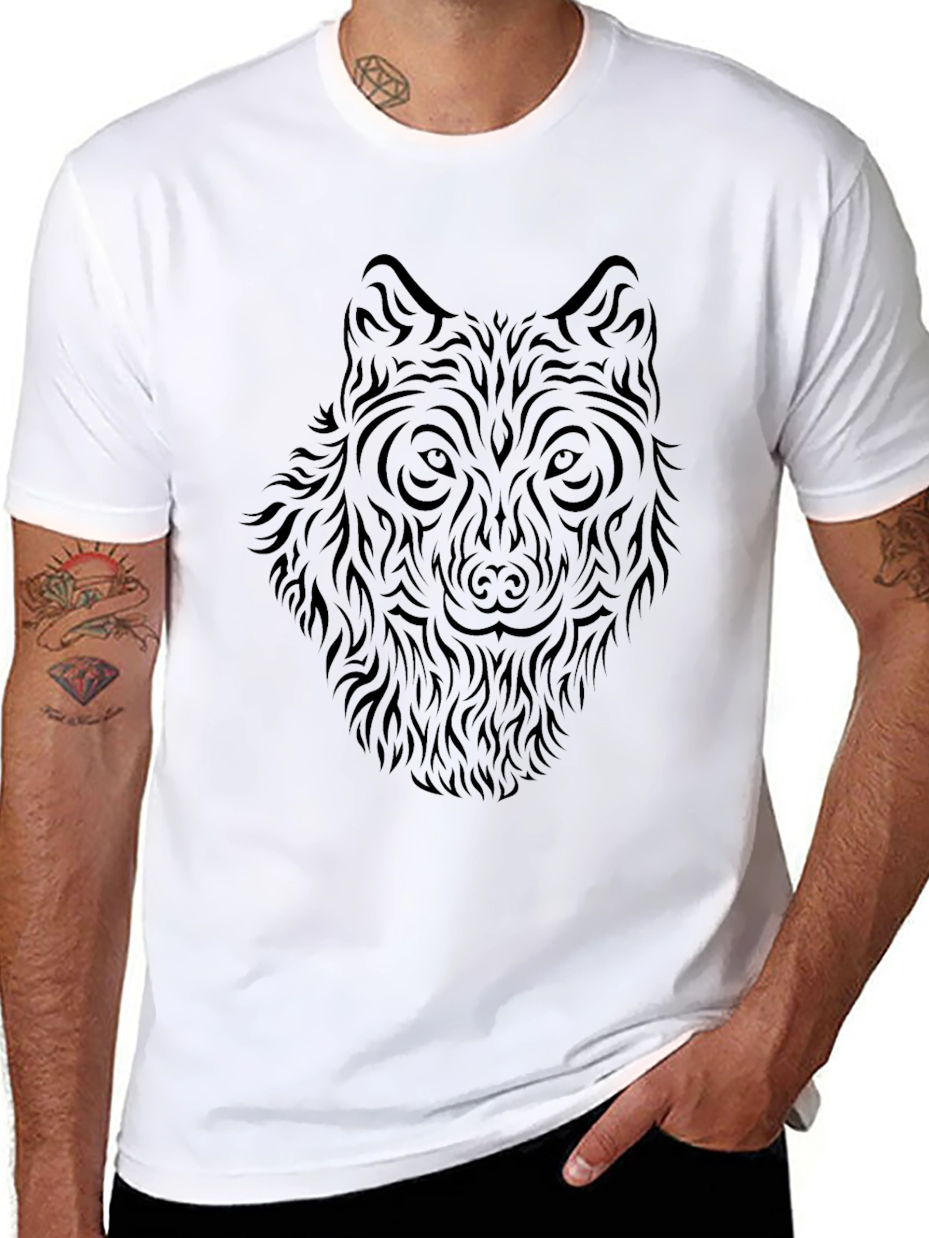 Tribal Wolf Print Black T-Shirt
