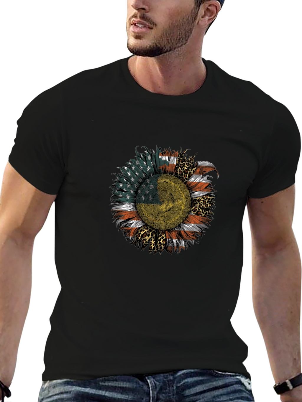 USA Ukraine Flag Sunflower Mens Black T-Shirt