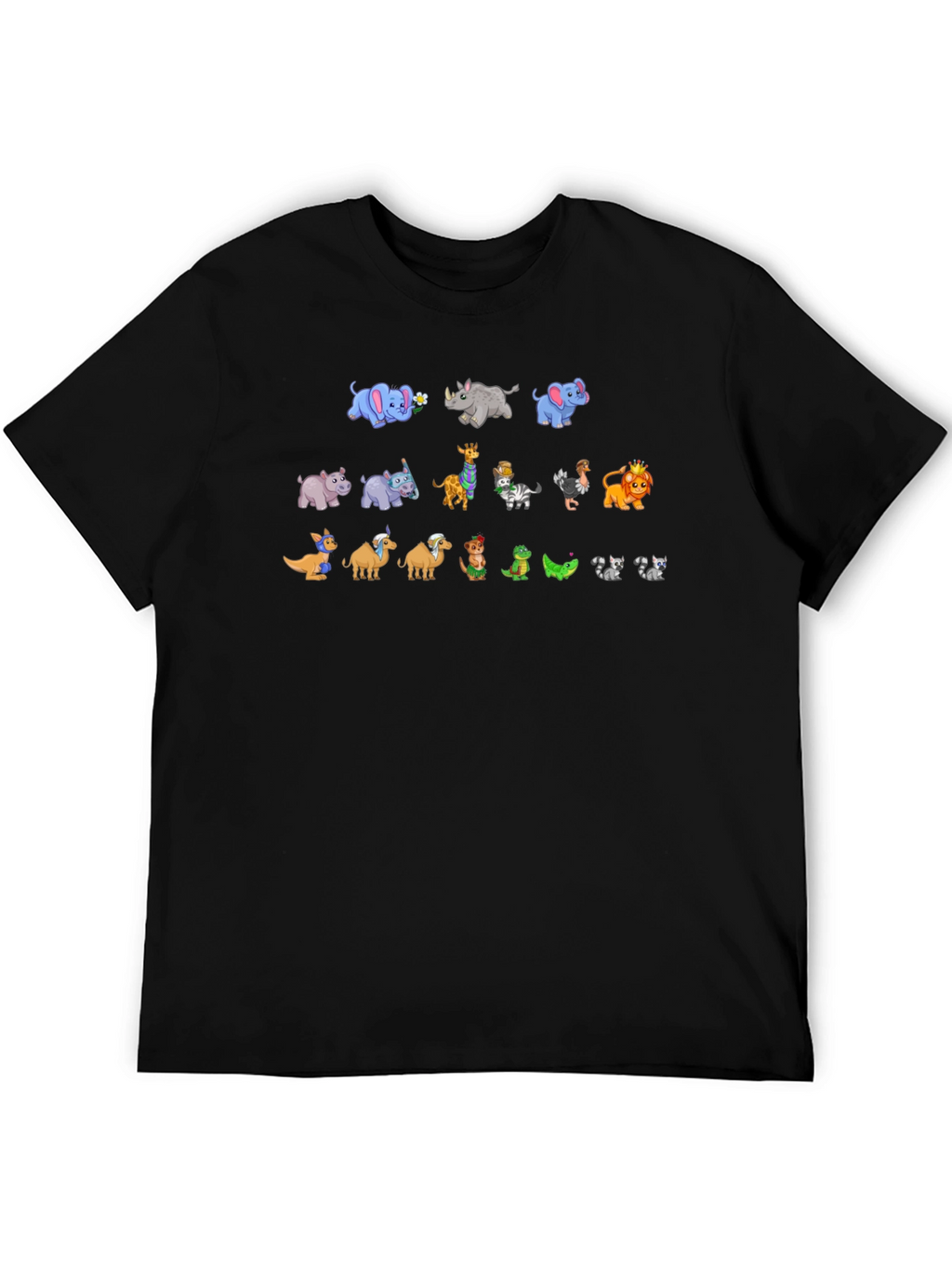 Cartoon Animals on Black Crewneck T-Shirt
