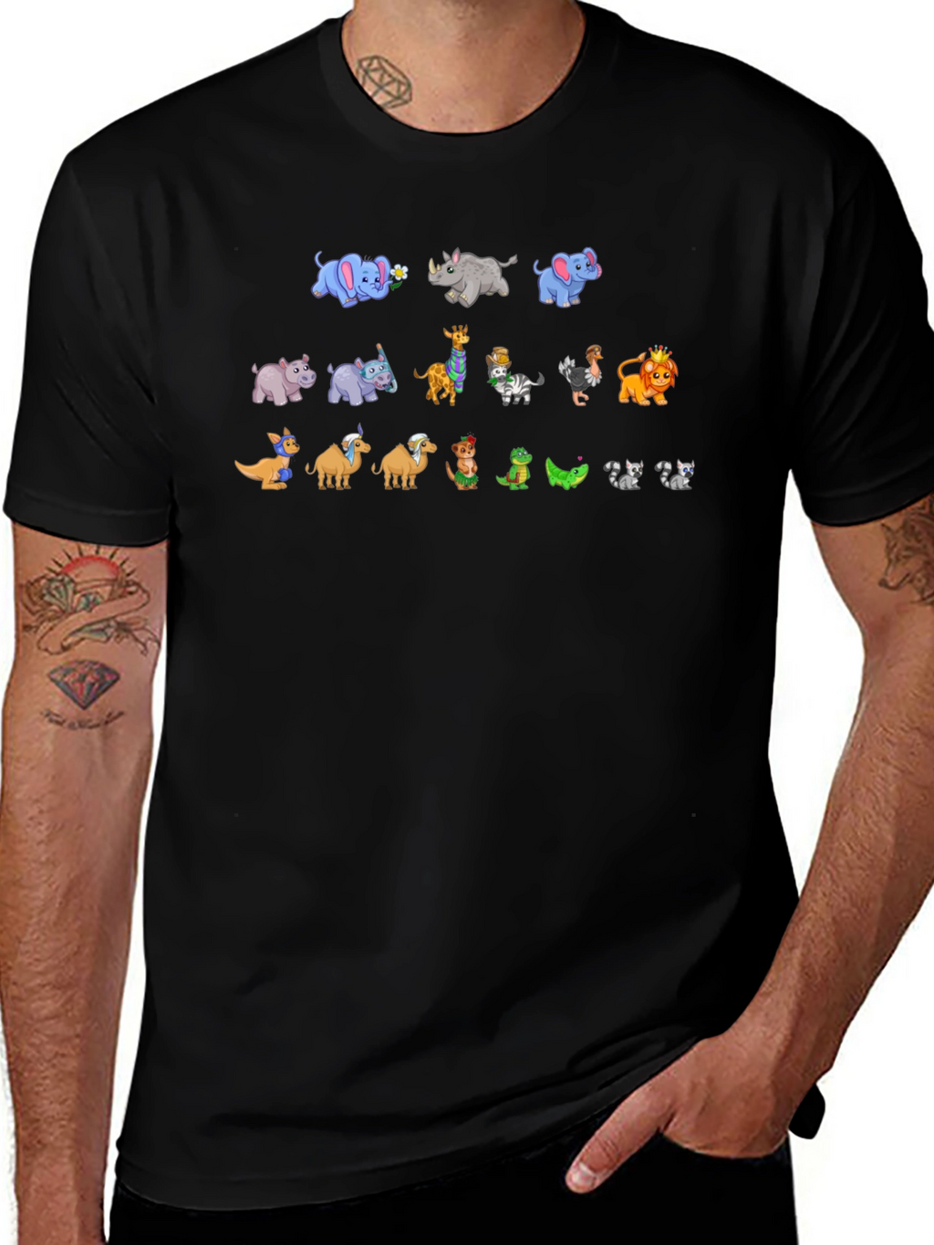 Cartoon Animals on Black Crewneck T-Shirt