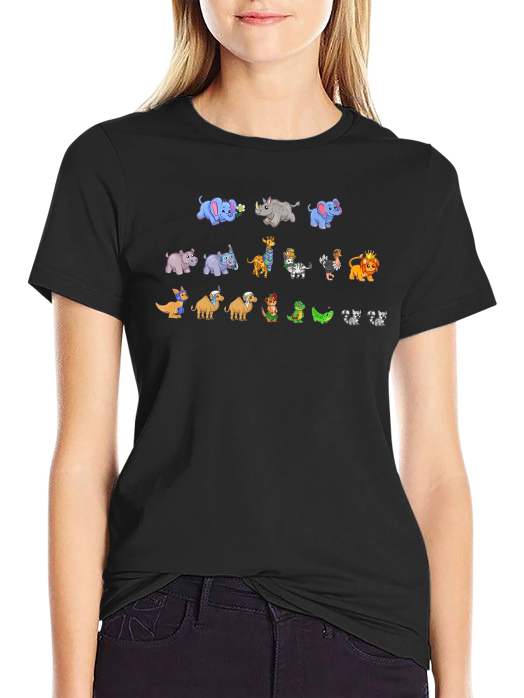 Cartoon Animals on Black Crewneck T-Shirt