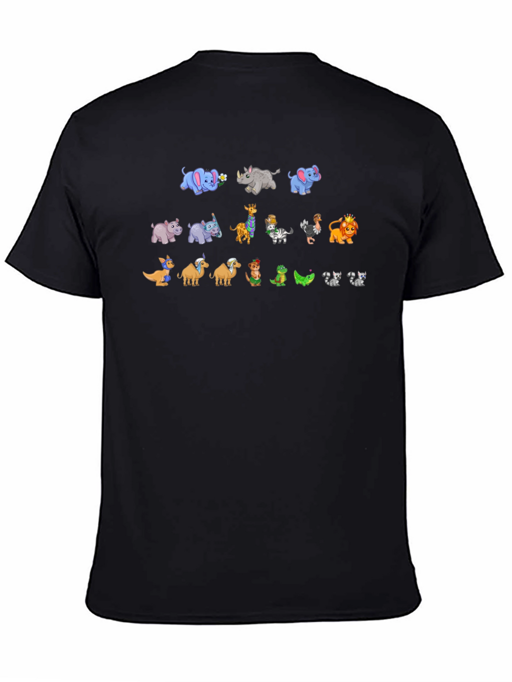 Cartoon Animals on Black Crewneck T-Shirt