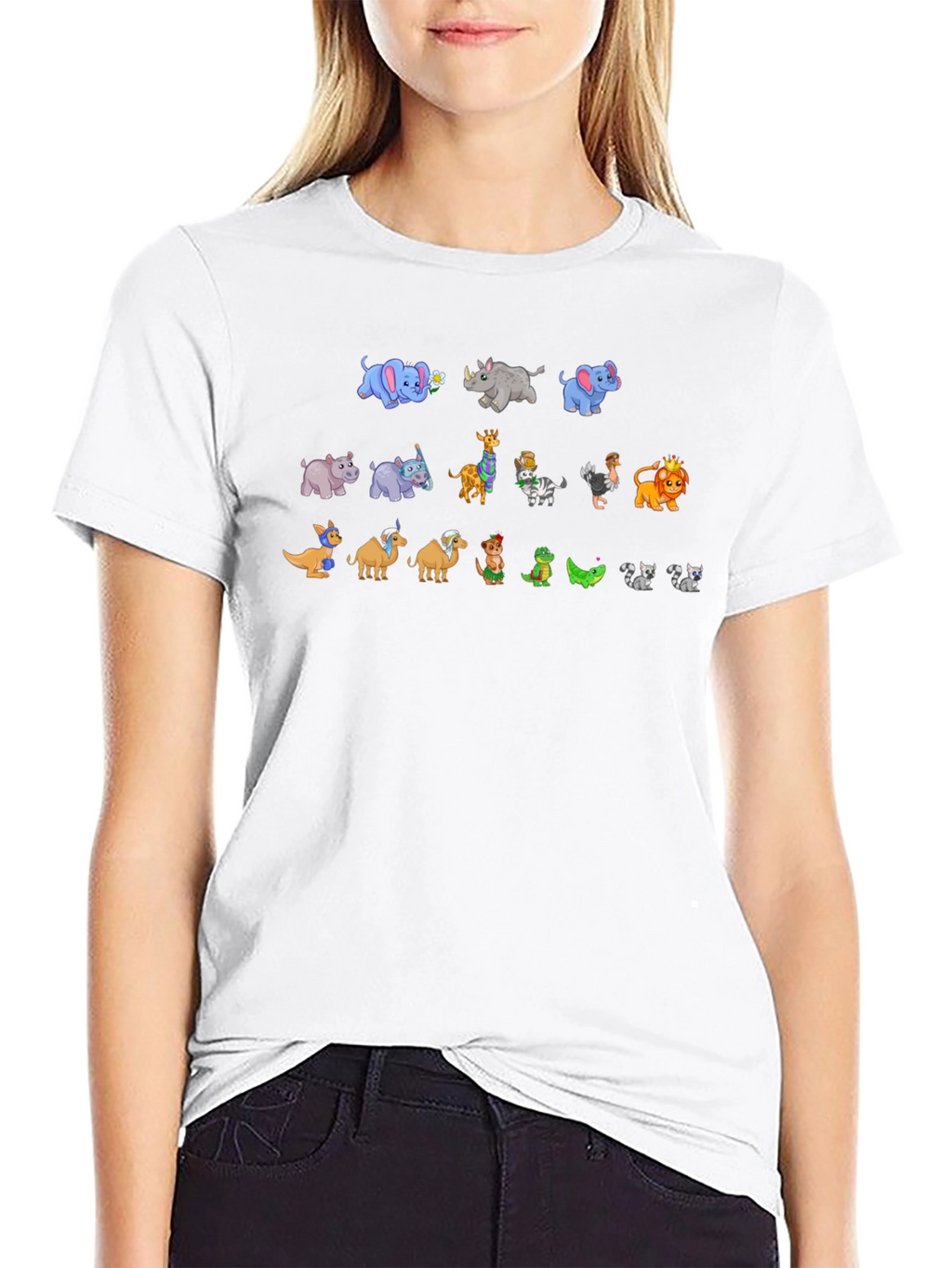 Cartoon Animals on Black Crewneck T-Shirt