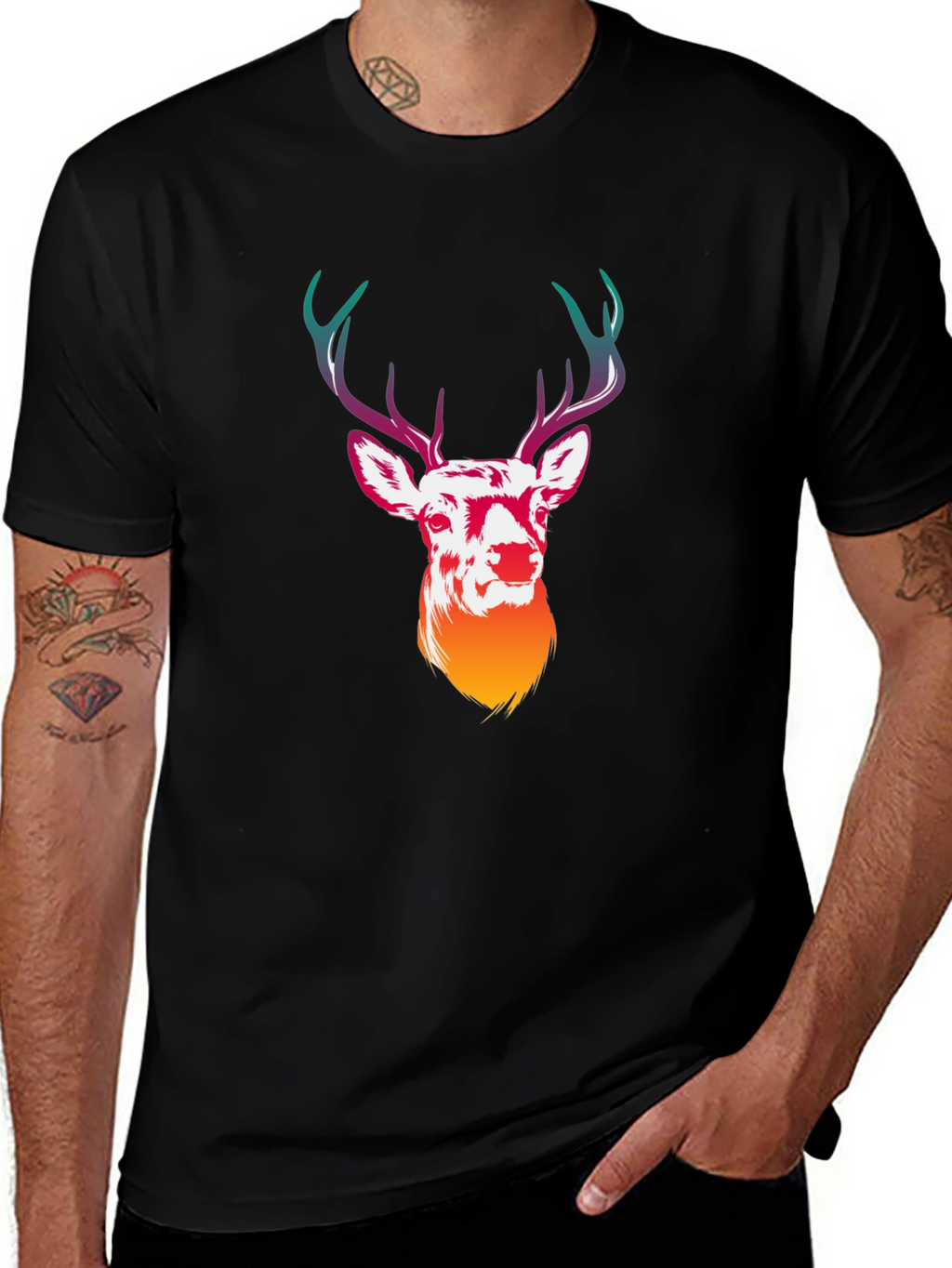 Deer Graphic Tee - Mens Black Crew Neck T-Shirt