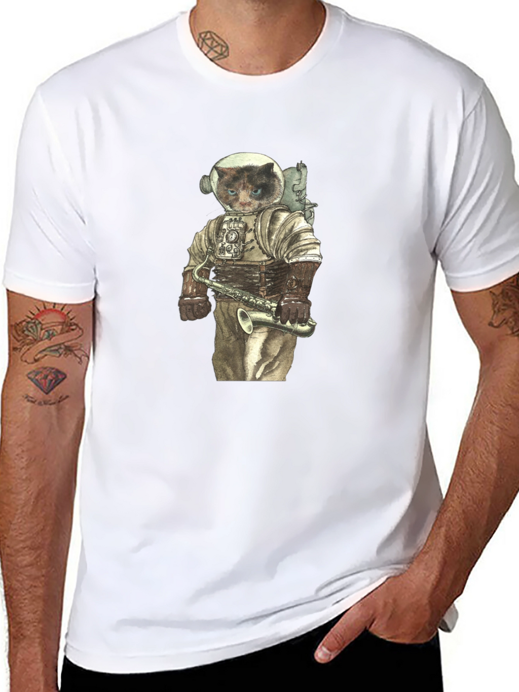 Cat Astronaut with Saxophone Graphic Tee