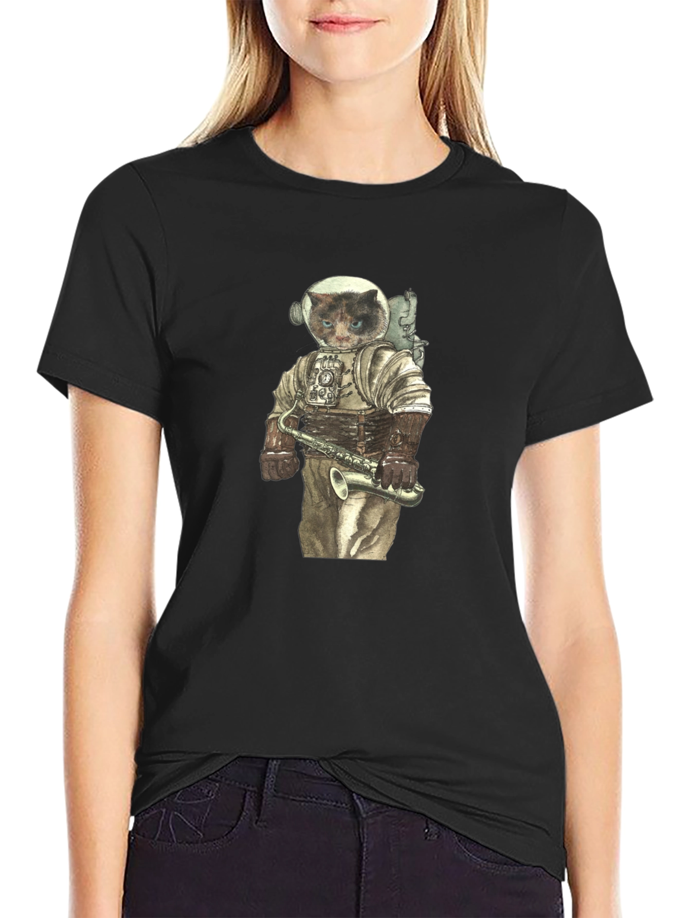 Cat Astronaut with Saxophone Graphic Tee