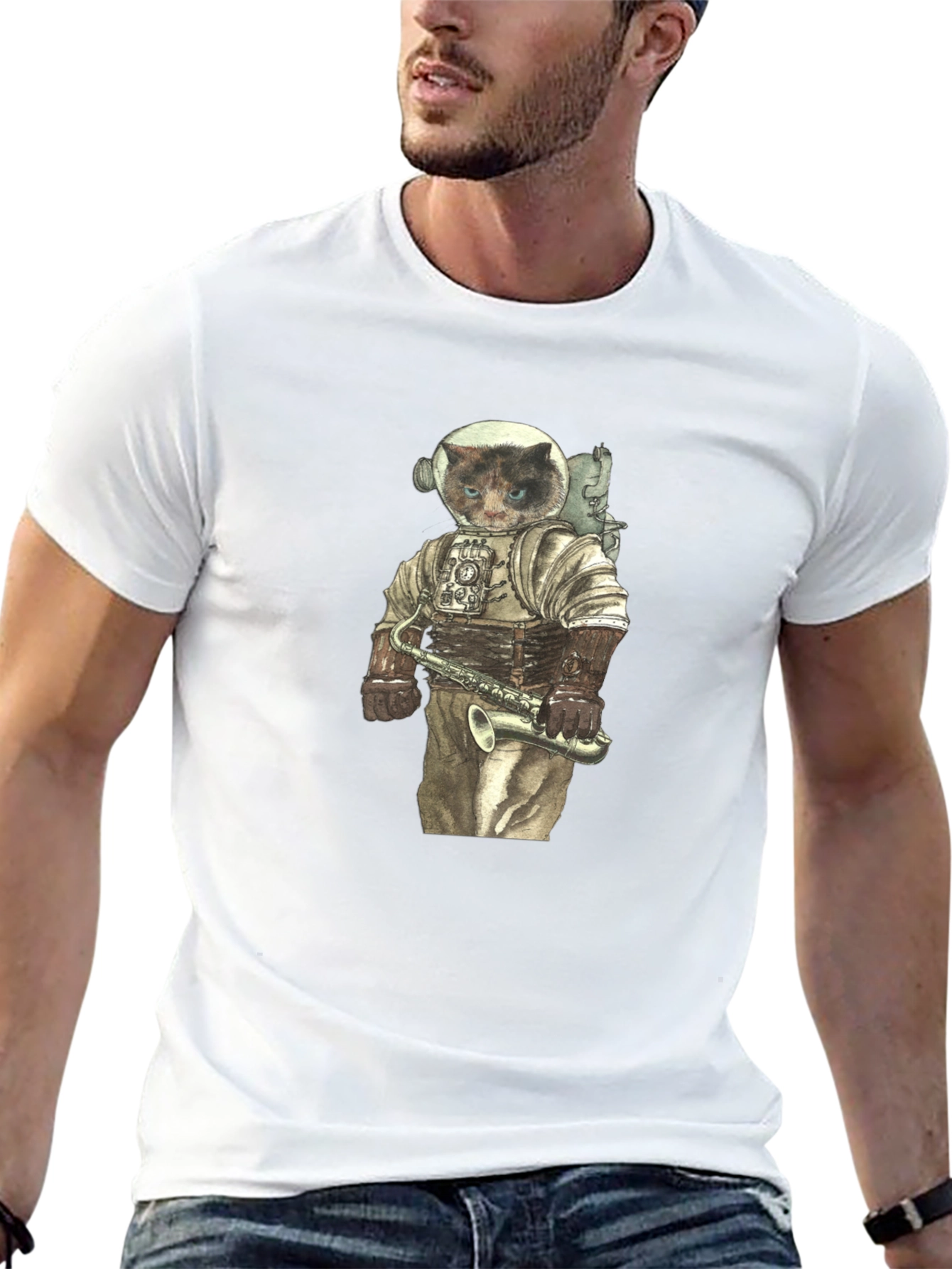 Cat Astronaut with Saxophone Graphic Tee