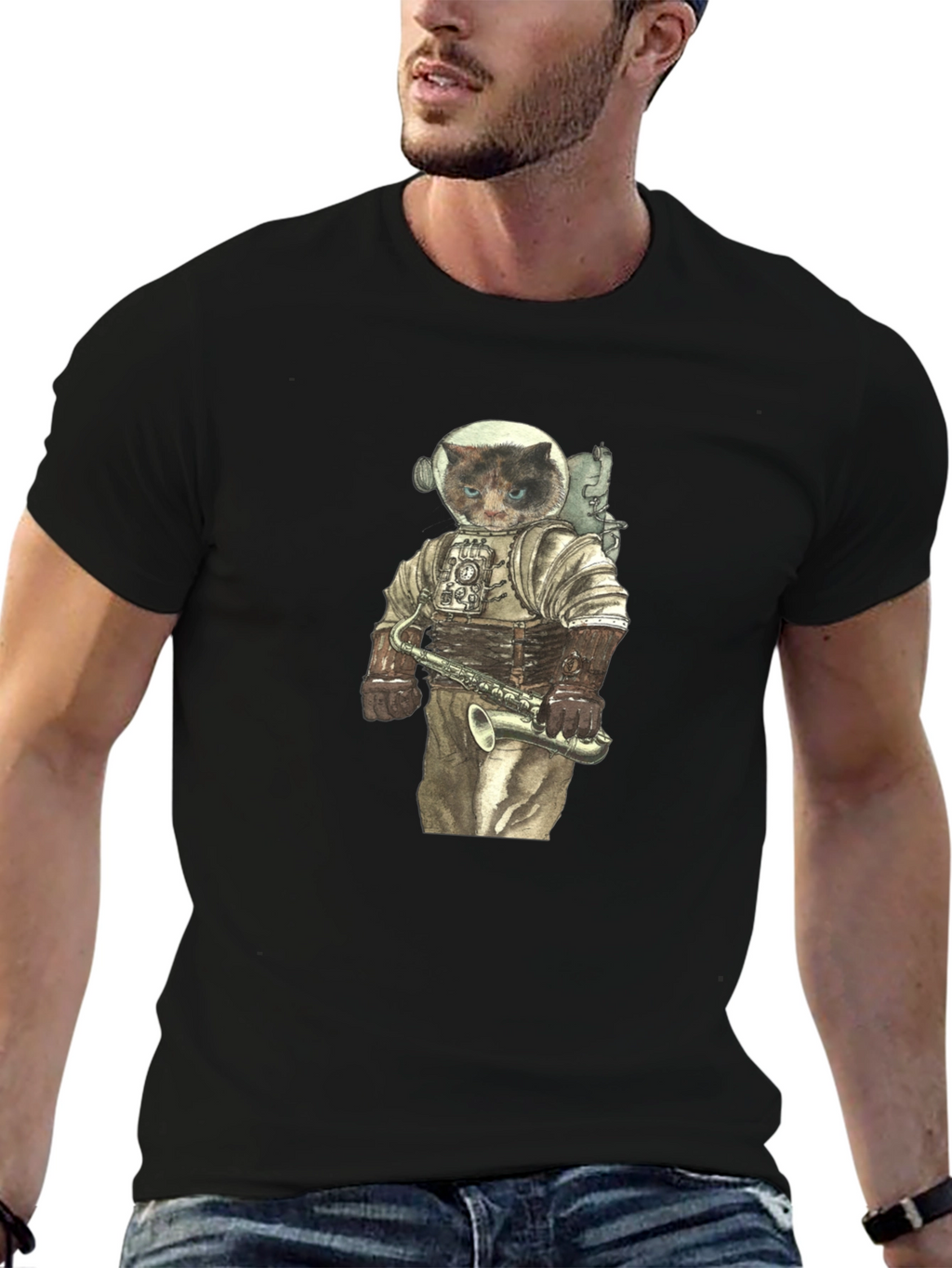 Cat Astronaut with Saxophone Graphic Tee