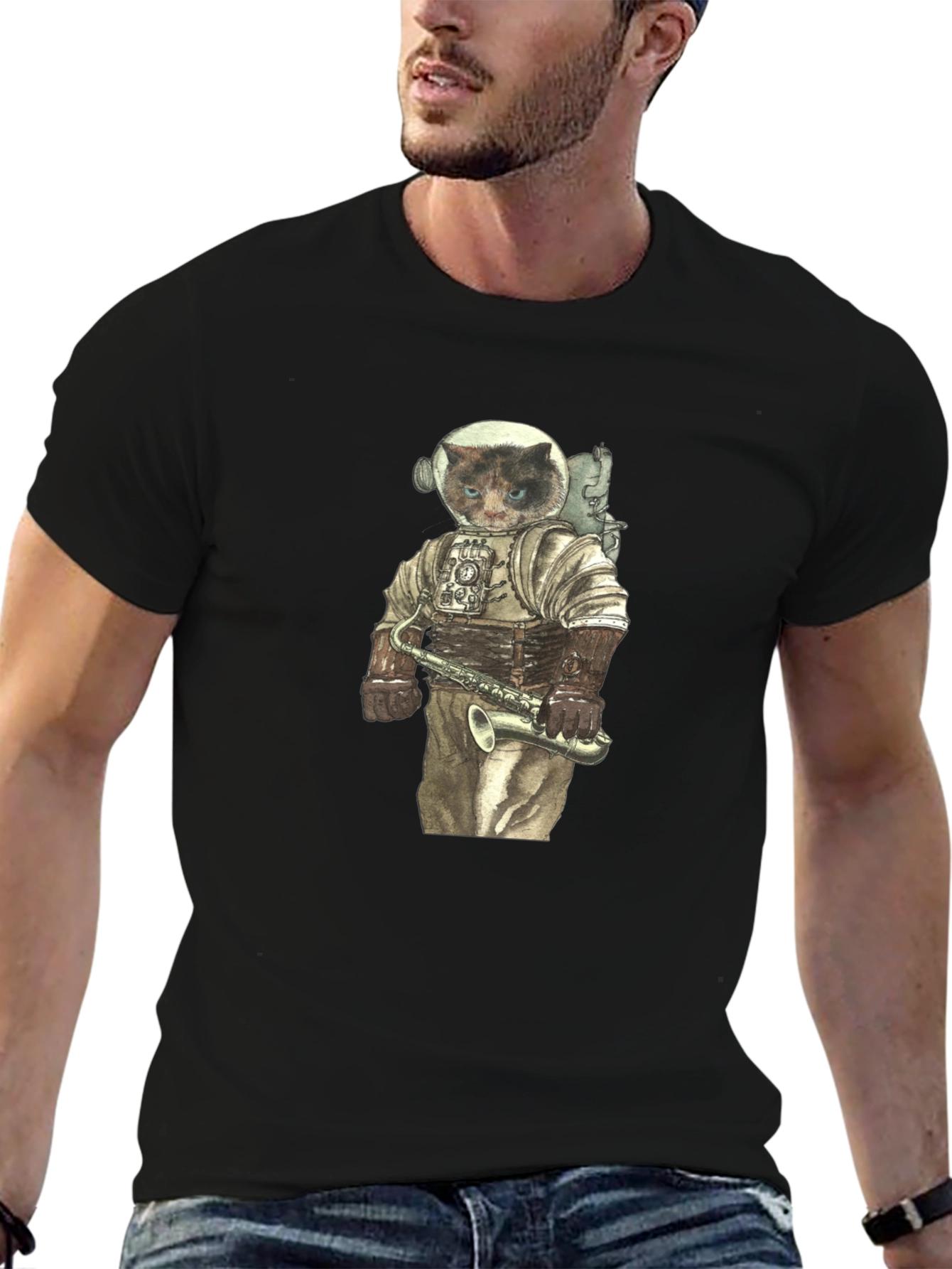 Cat Astronaut with Saxophone Graphic Tee