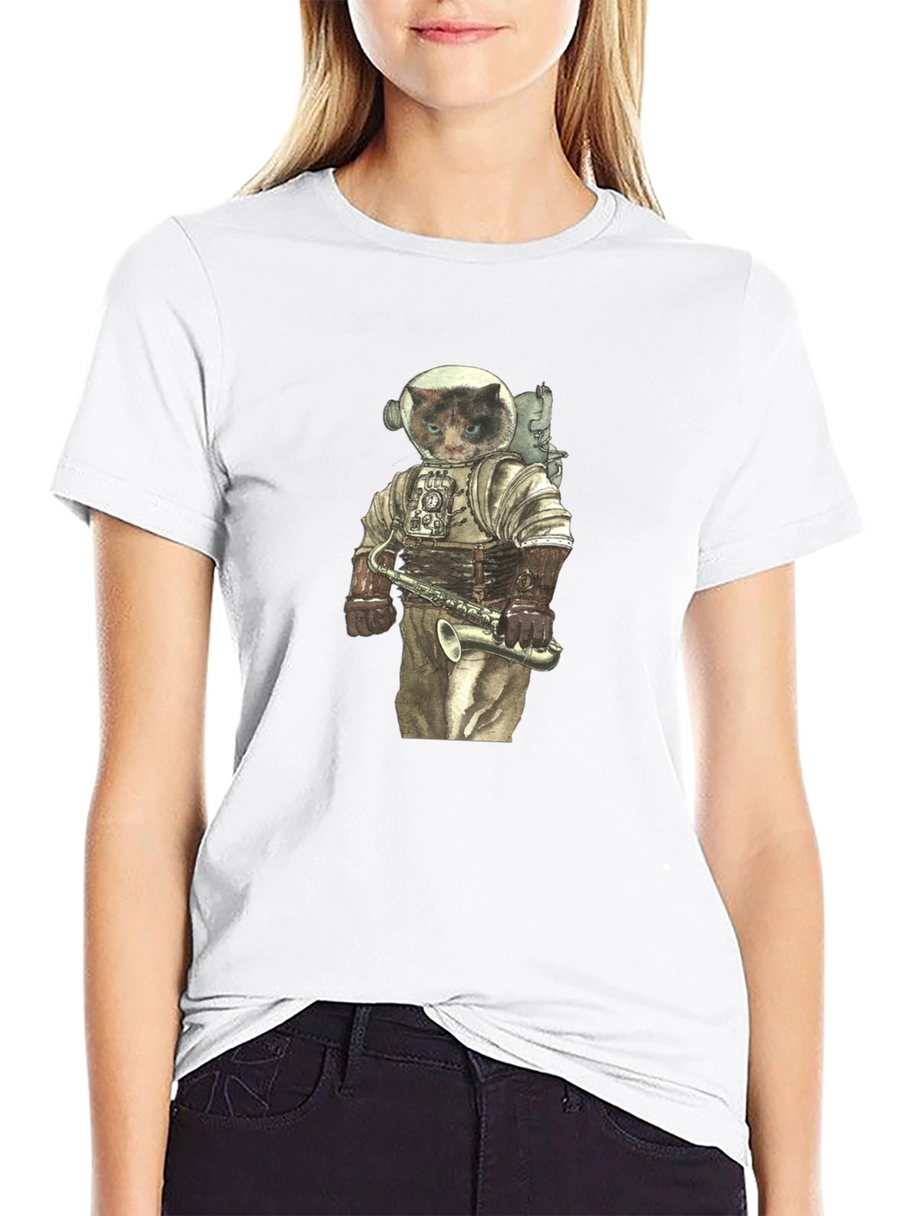 Cat Astronaut with Saxophone Graphic Tee