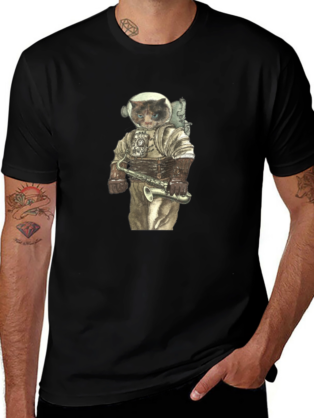 Cat Astronaut with Saxophone Graphic Tee