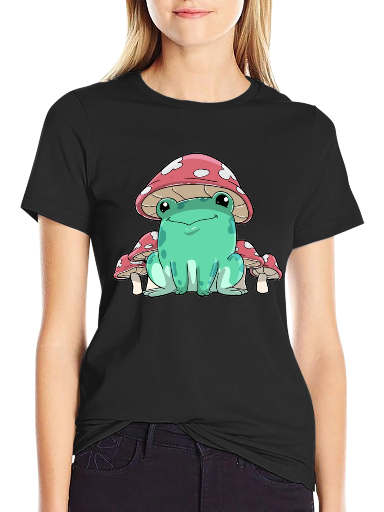 Frog Mushroom Graphic Tee - Whimsical Black T-Shirt