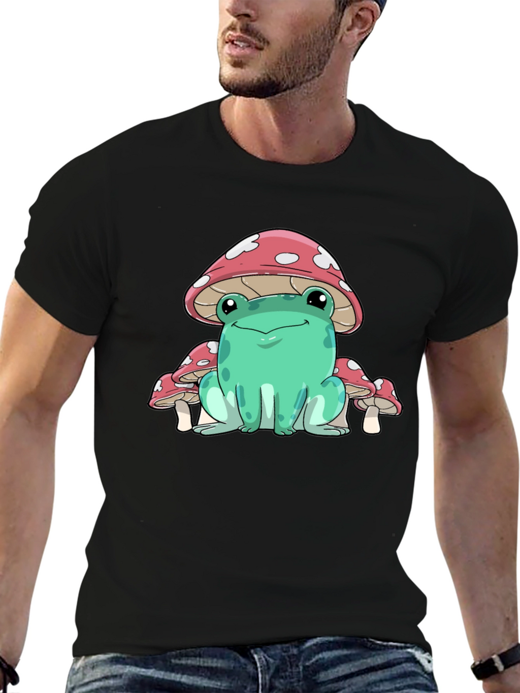 Frog Mushroom Graphic Tee - Whimsical Black T-Shirt