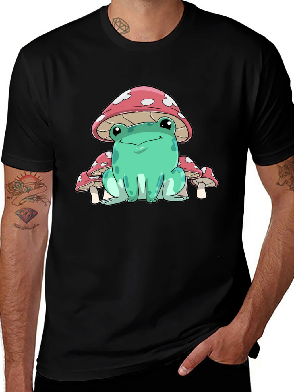 Frog Mushroom Graphic Tee - Whimsical Black T-Shirt