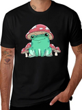 Frog Mushroom Graphic Tee - Whimsical Black T-Shirt