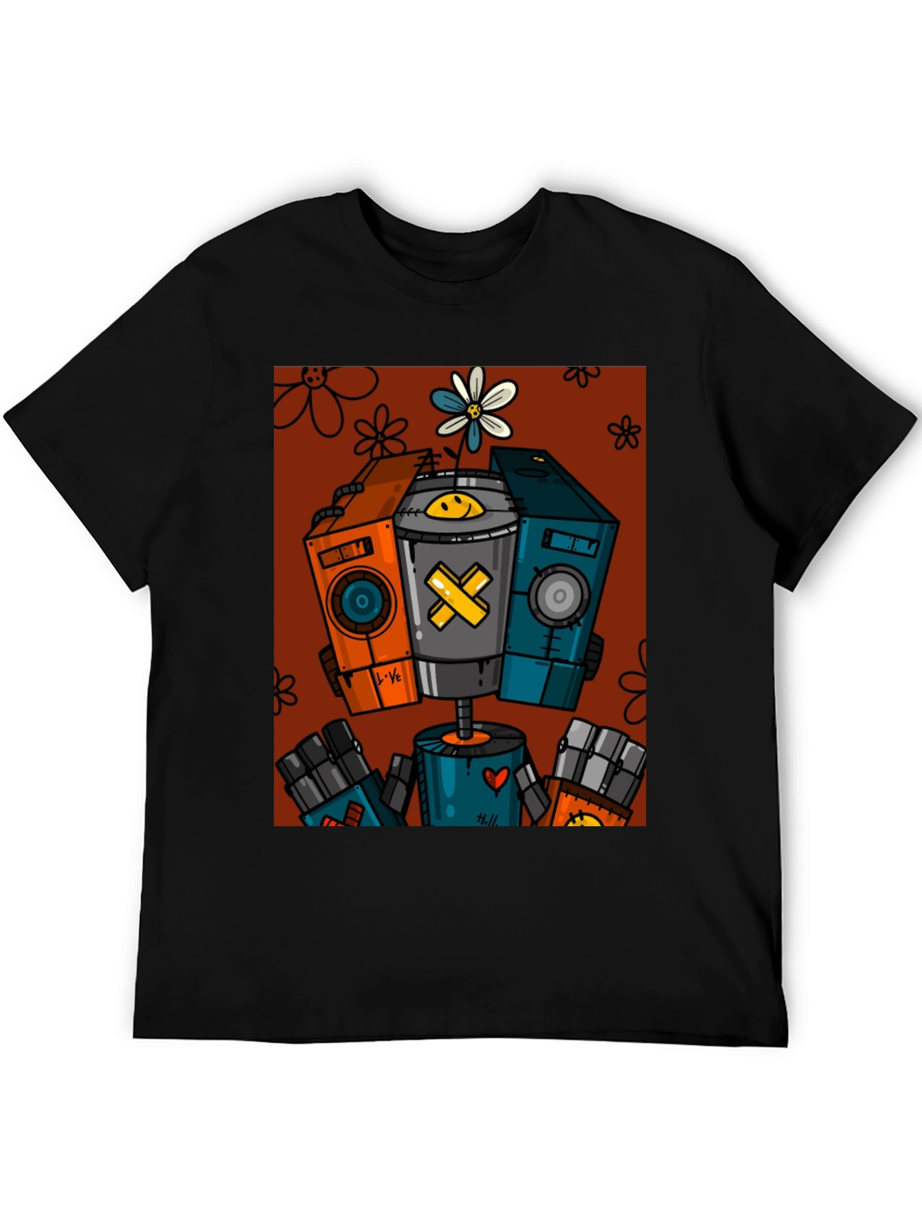 Robot Graphic Print Black T-Shirt