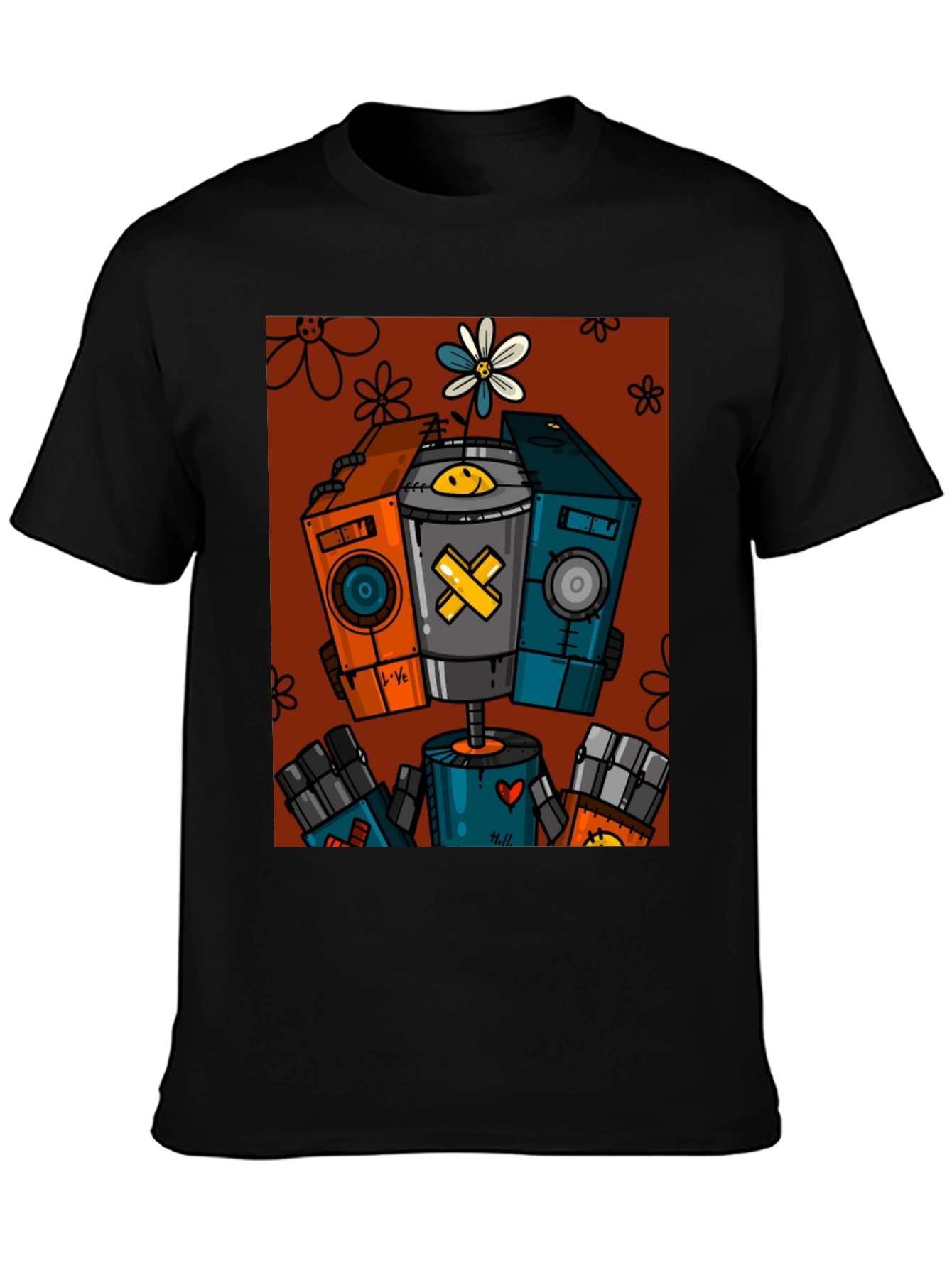Robot Graphic Print Black T-Shirt
