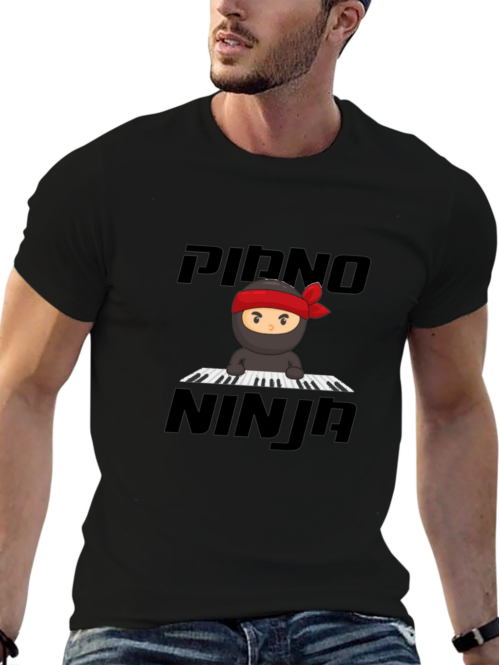 Piano Ninja Graphic Tee - Black Cotton T-Shirt
