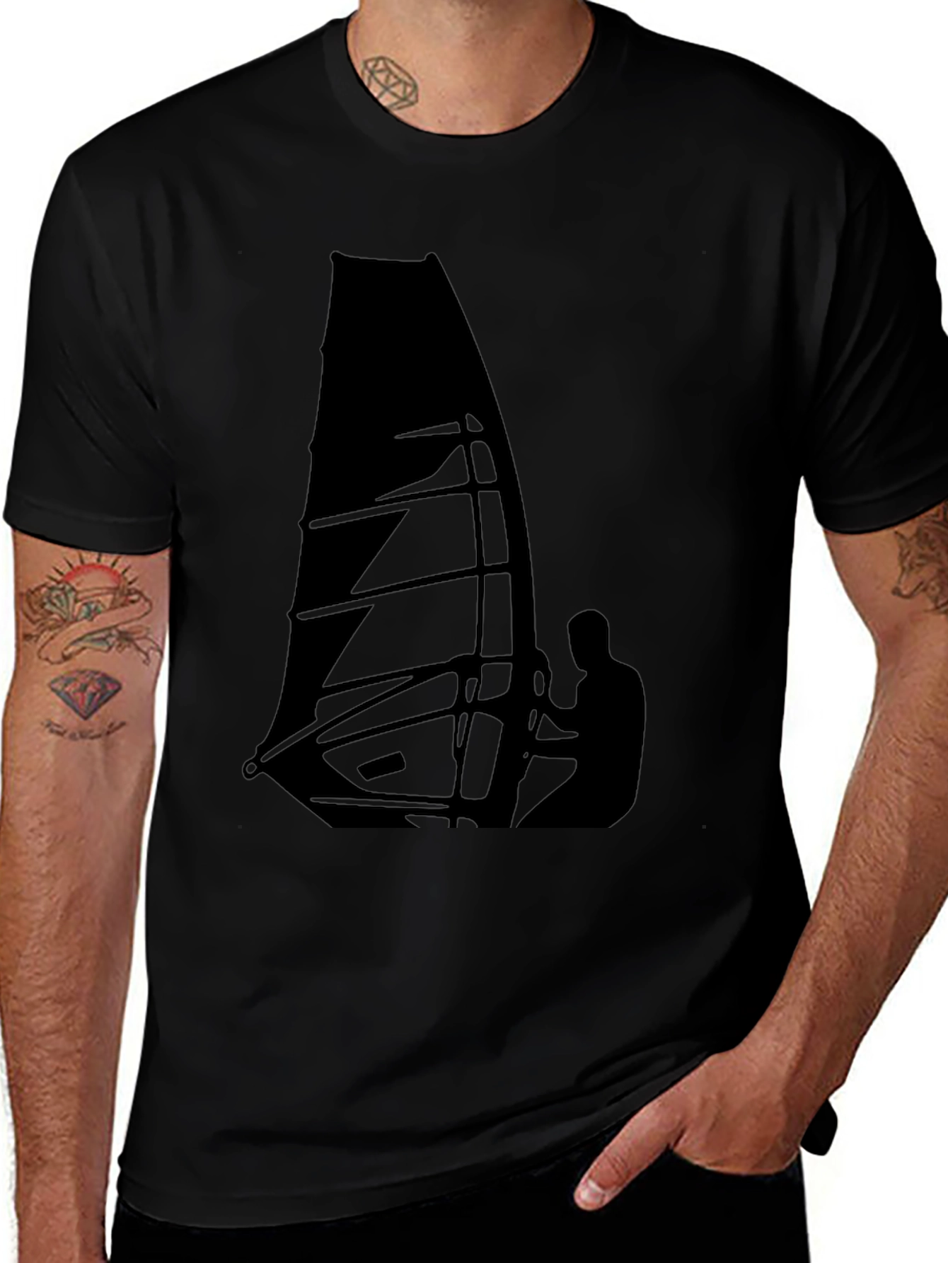 Windsurfing Graphic Tee - Black Cotton T-Shirt