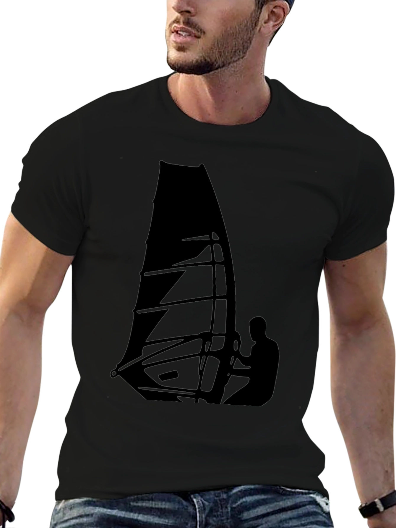 Windsurfing Graphic Tee - Black Cotton T-Shirt