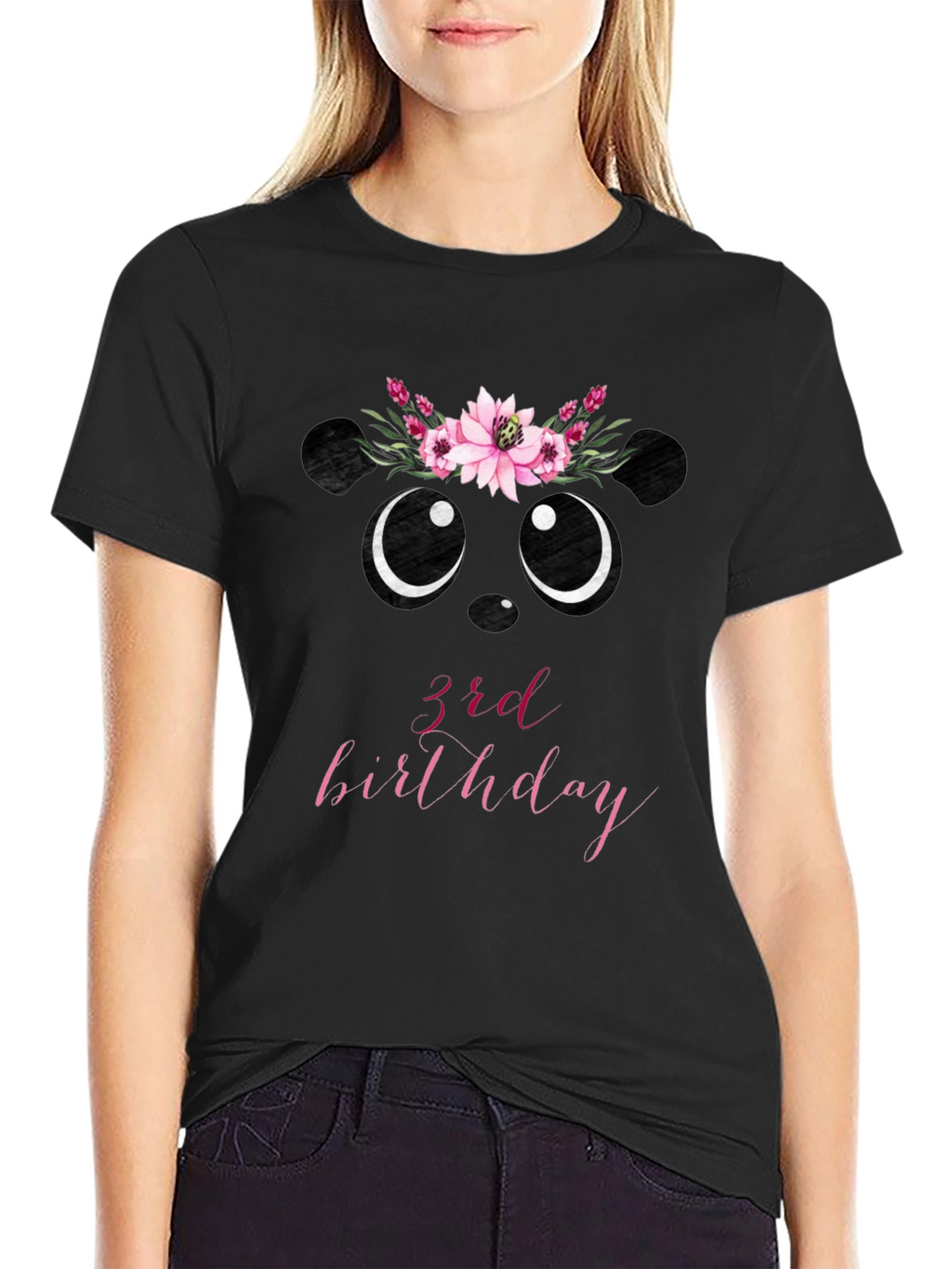 3rd Birthday Panda Bear Floral Wreath T-Shirt