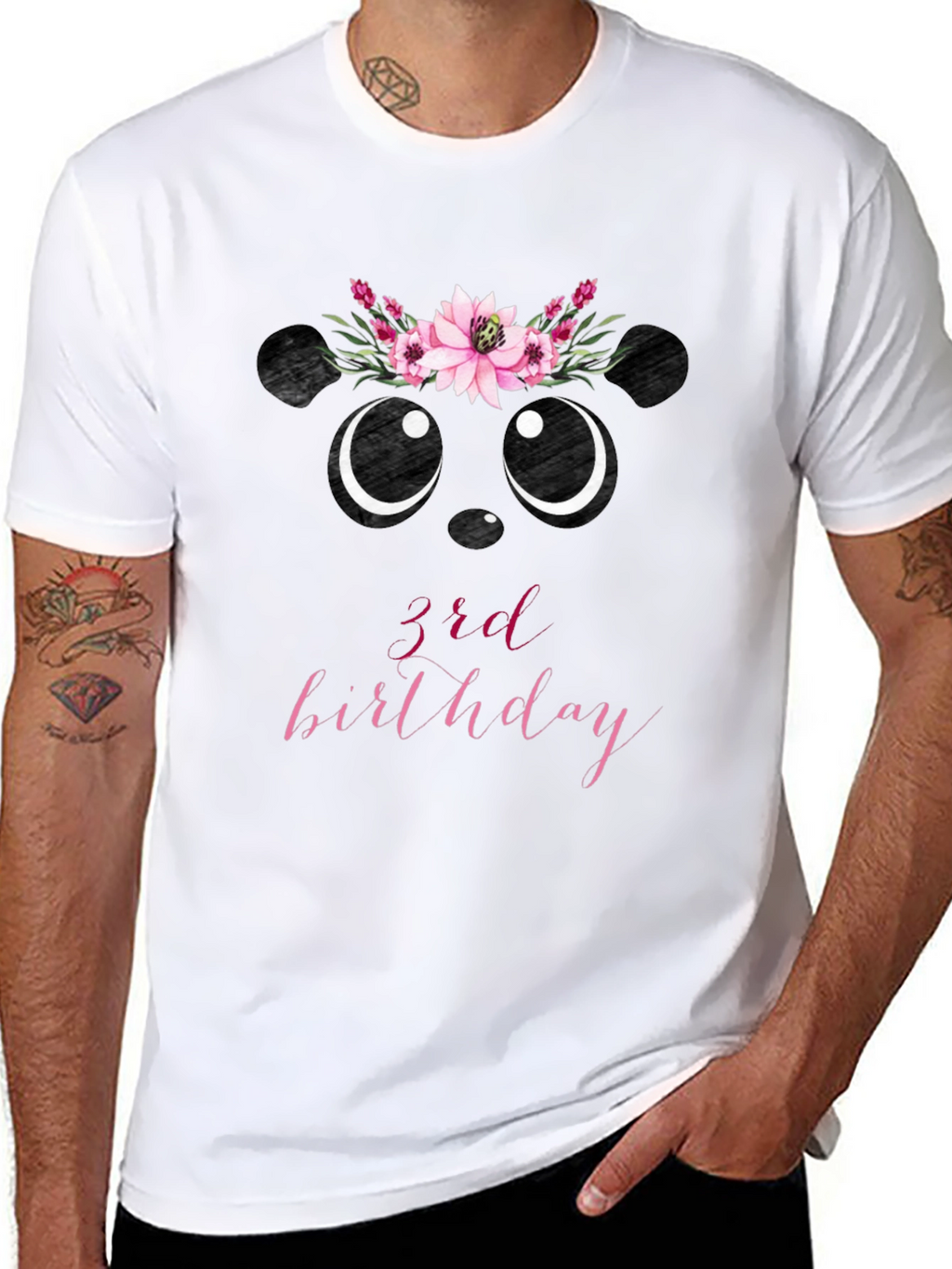 3rd Birthday Panda Bear Floral Wreath T-Shirt