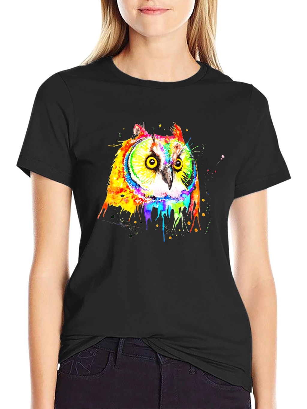 Rainbow Owl Graphic Black T-Shirt