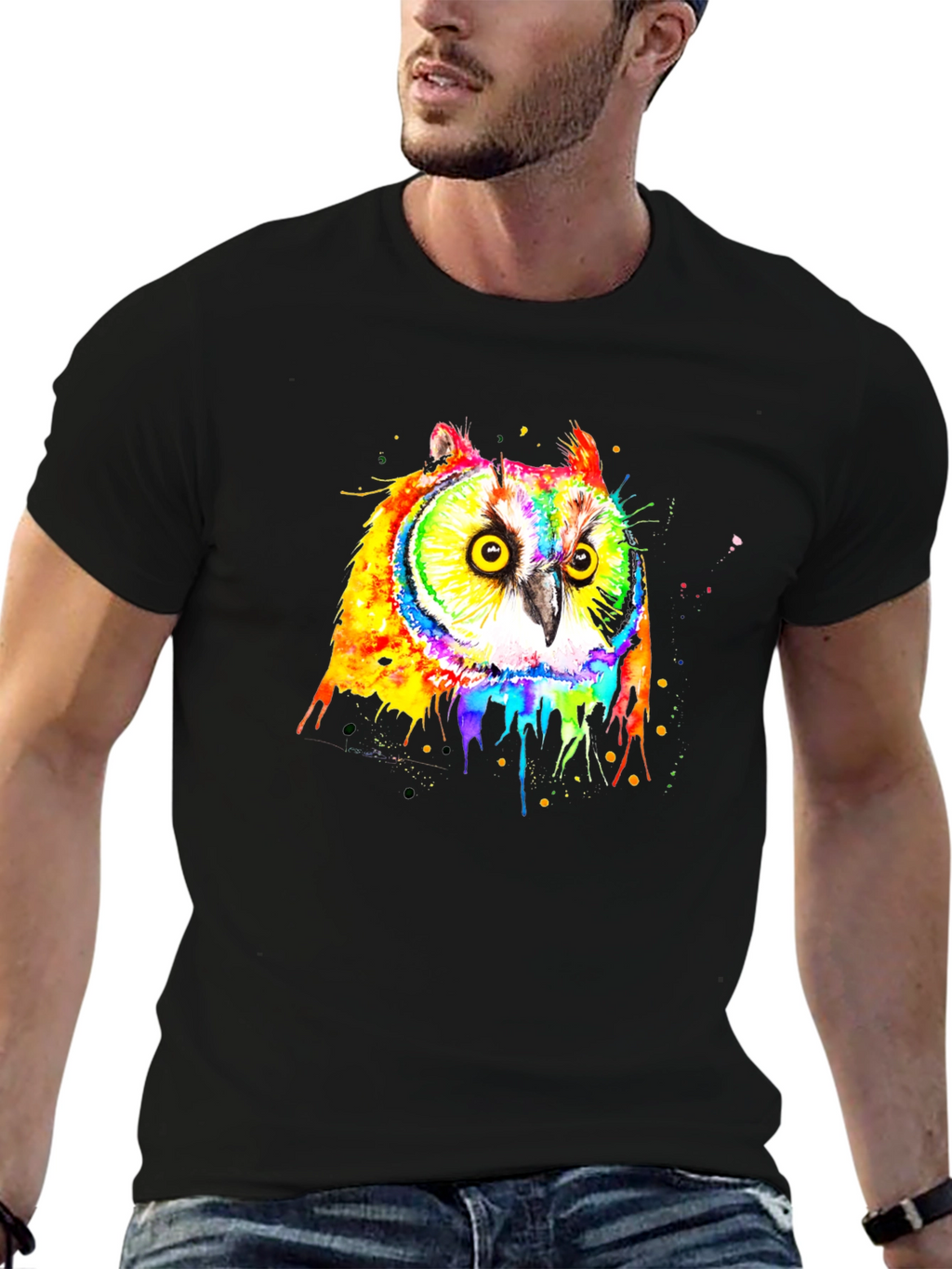 Rainbow Owl Graphic Black T-Shirt