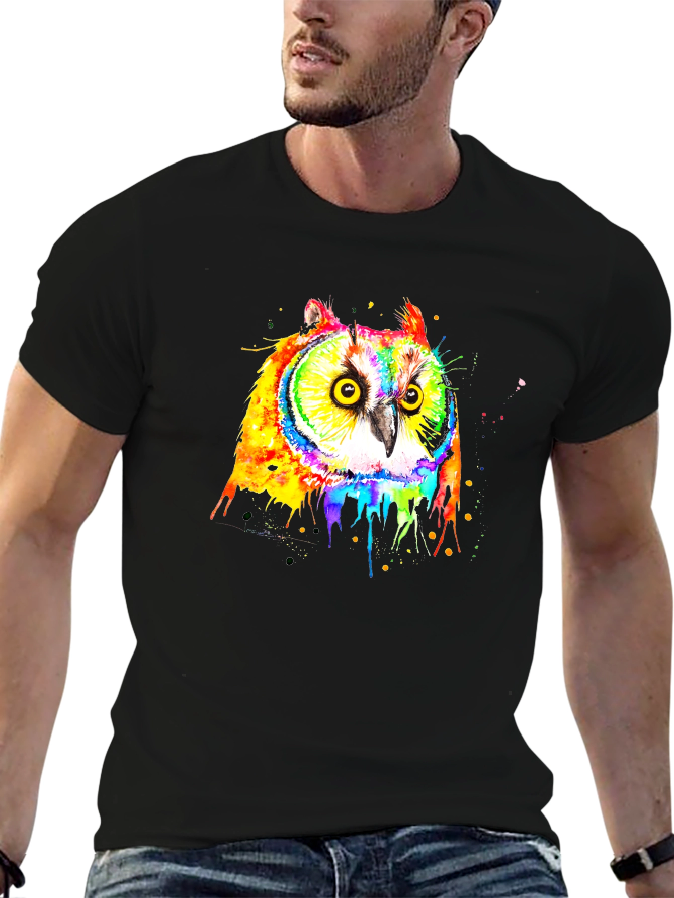 Rainbow Owl Graphic Black T-Shirt