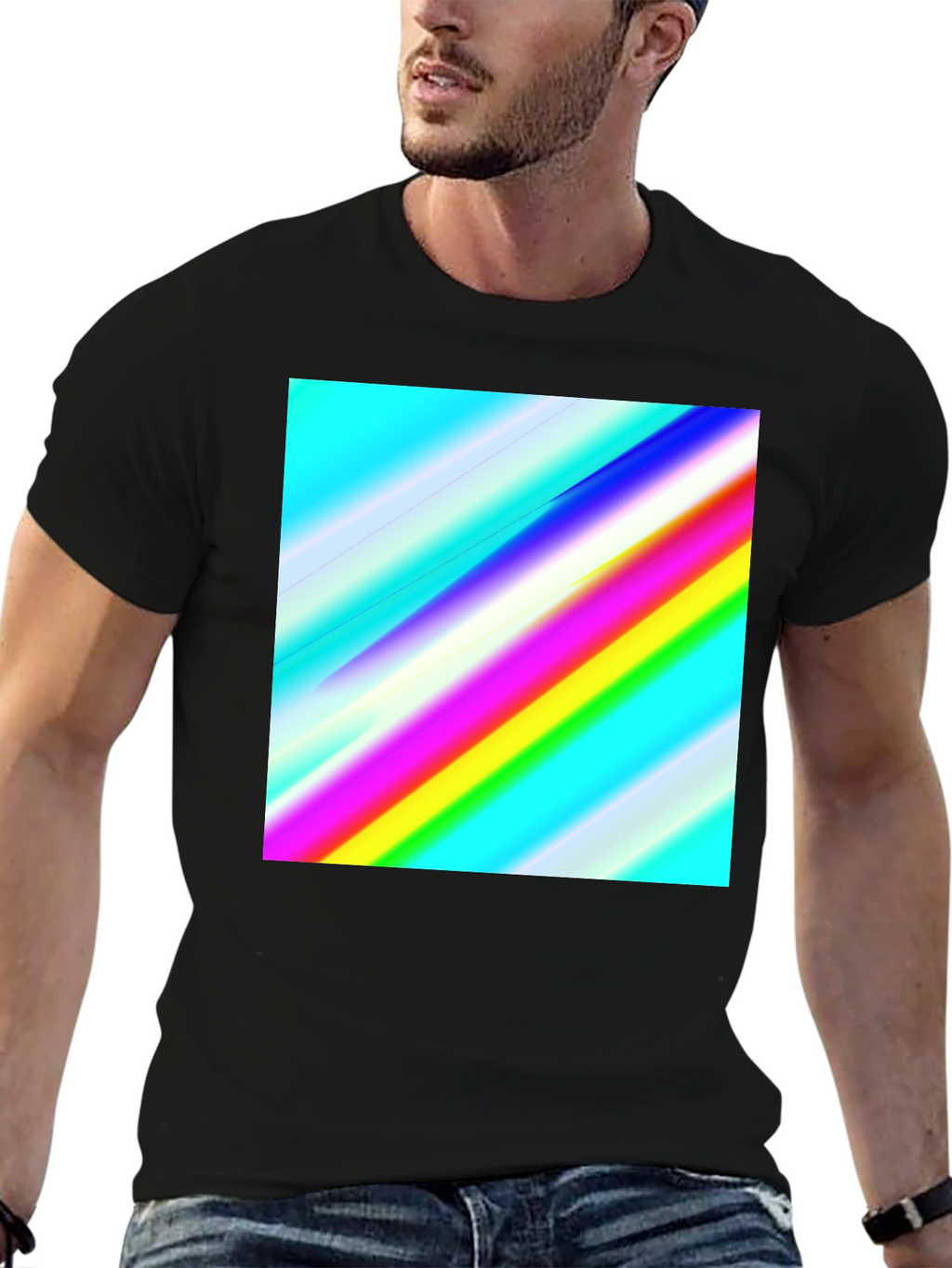 Rainbow Stripe Graphic Tee - Mens Casual Black T-Shirt
