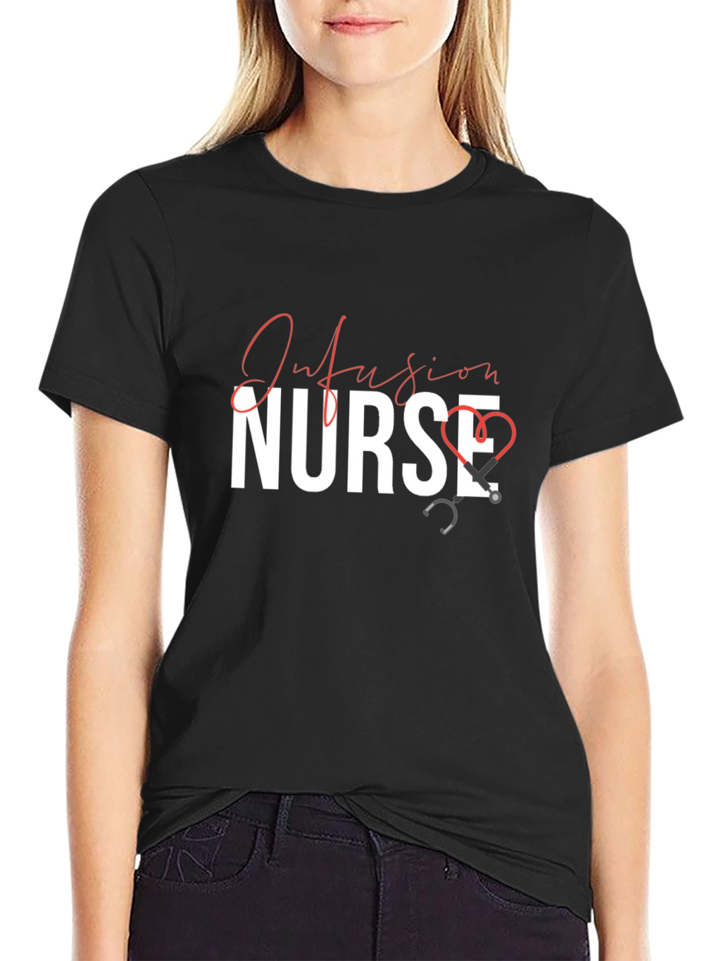 Infusion Nurse Black T-Shirt with Stethoscope Design