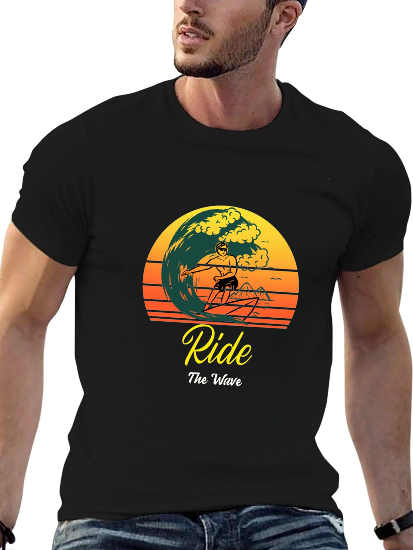 Ride the Wave Black T-Shirt Surfer Graphic Tee
