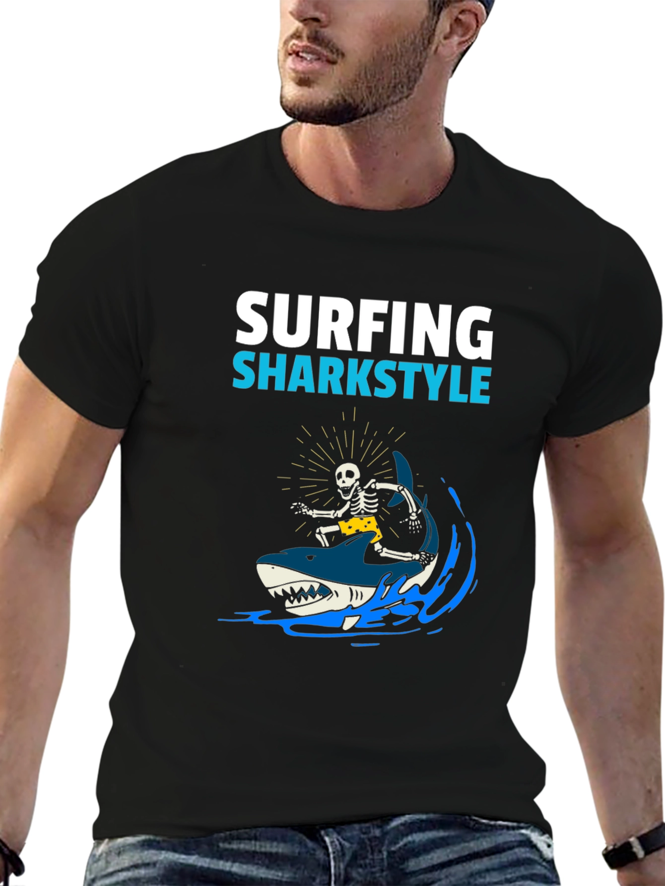 Surfing Sharkstyle Skeleton Graphic T-Shirt