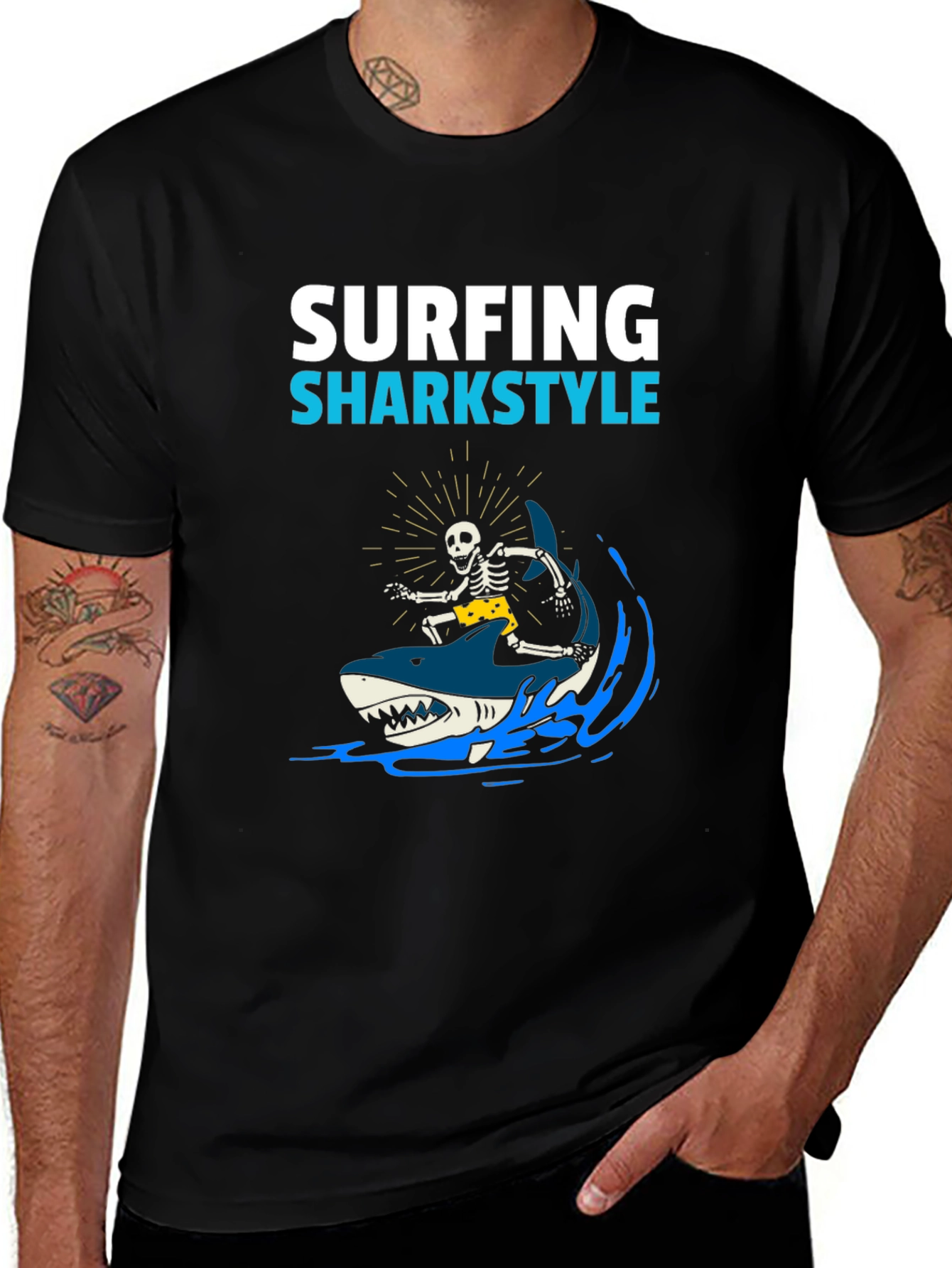 Surfing Sharkstyle Skeleton Graphic T-Shirt