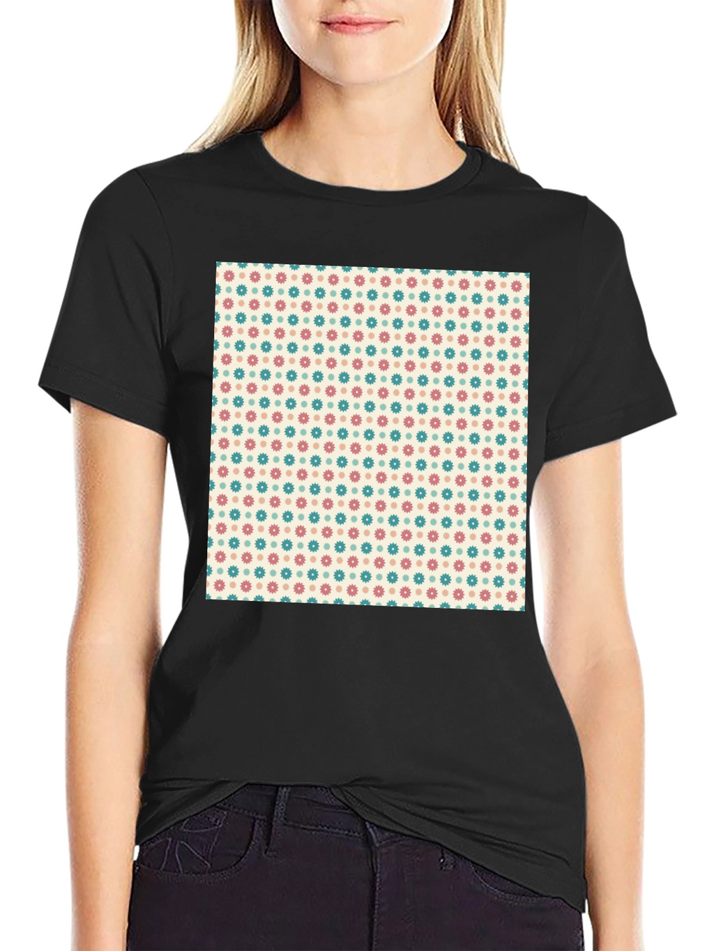 Retro Floral Pattern Black T-Shirt