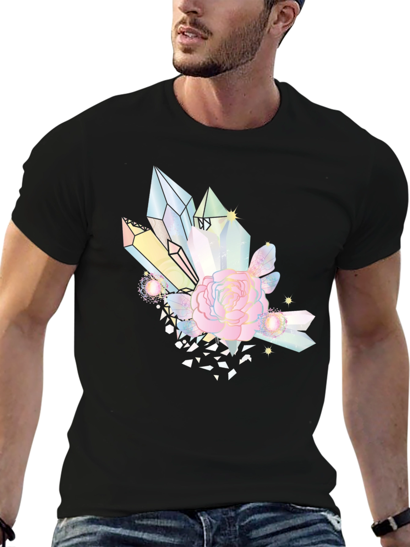 Crystal & Rose Graphic Tee - Stylish Black T-Shirt