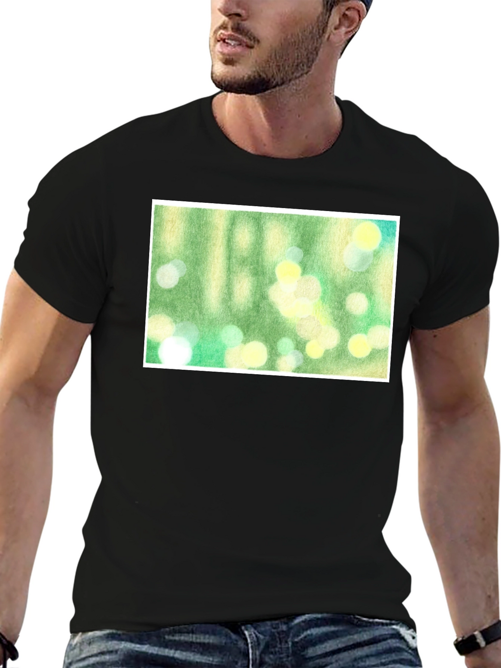 Green Bokeh Art Black T-Shirt