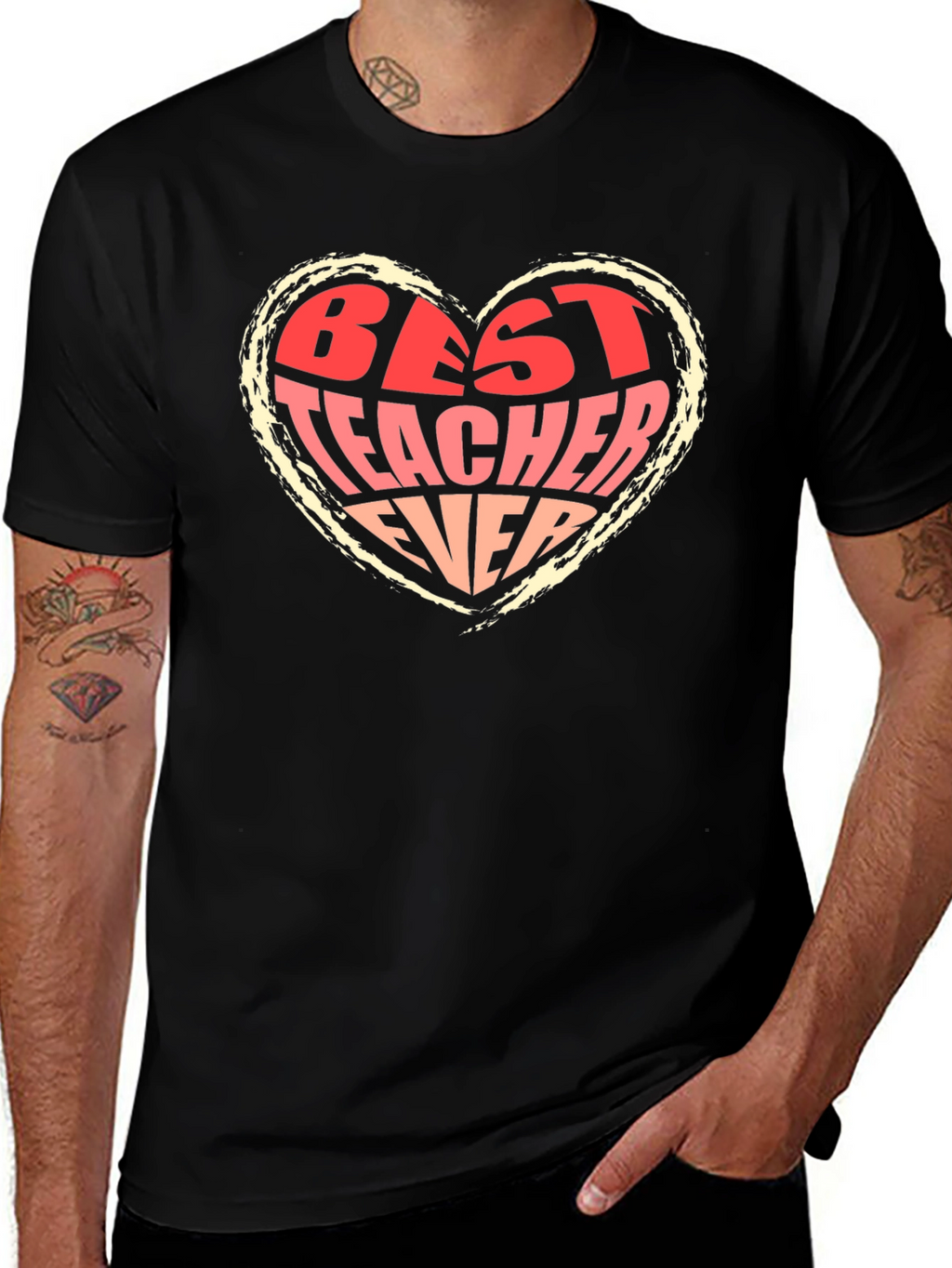 Best Teacher Ever Heart Graphic Tee - Black